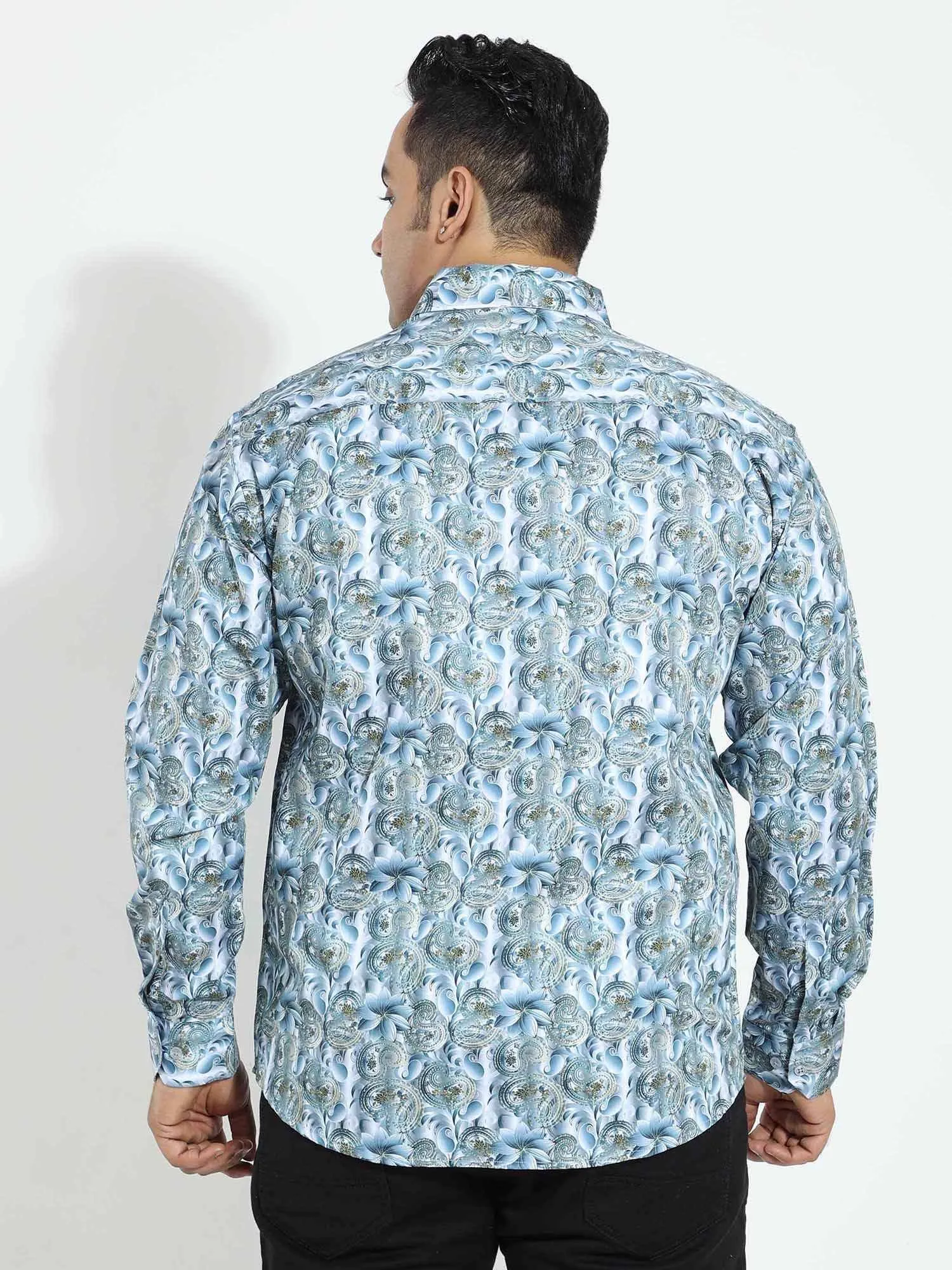 Royal White Blue Diamond Printed Silk Full Shirt Men's Plus Size