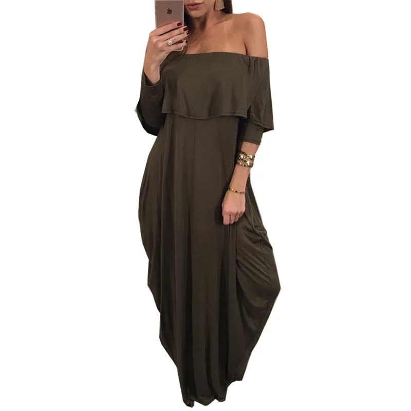 Ruffle Off Shoulder Half Sleeve Beach Maxi Dress