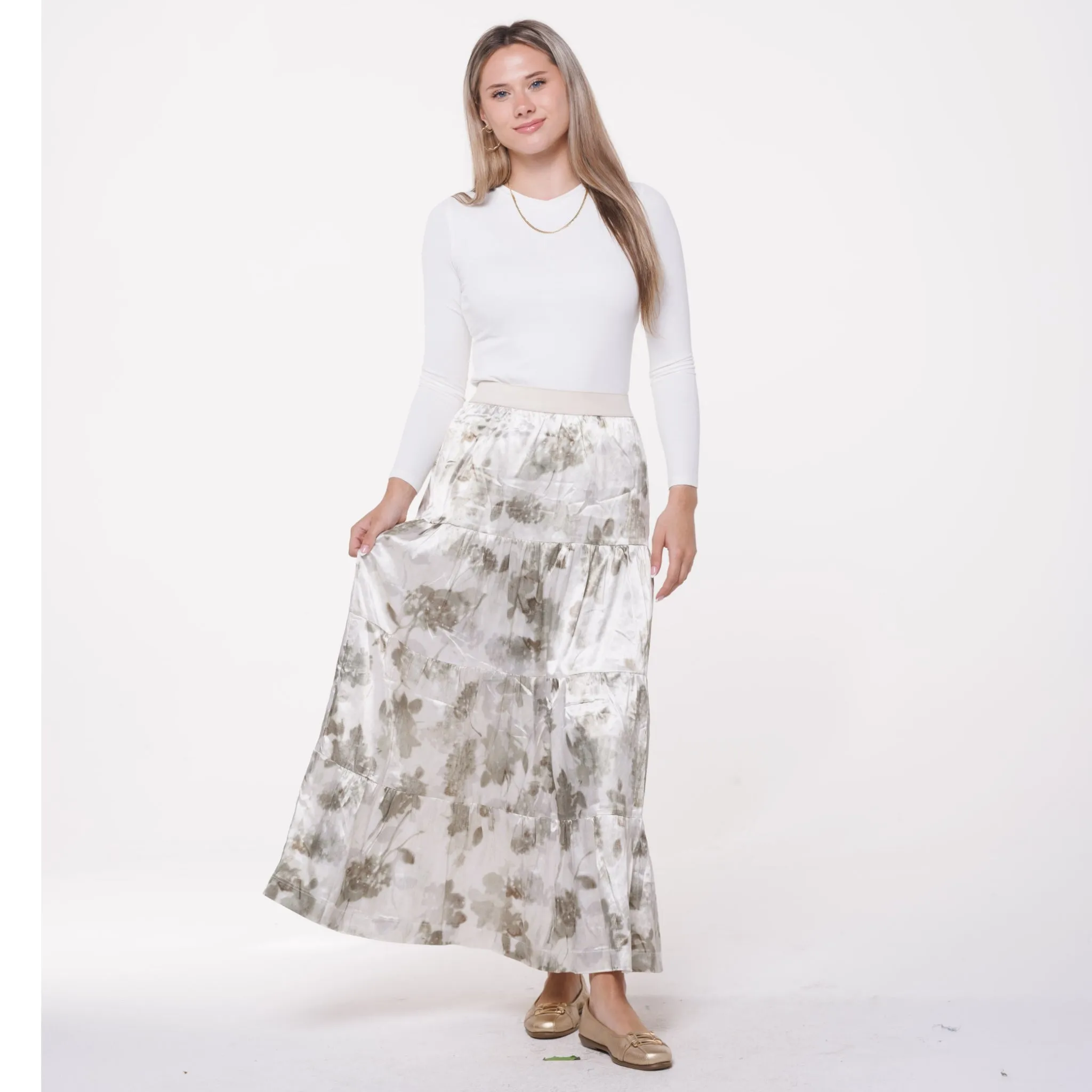 Satiny Sage Abstract Forrest Maxi Skirt by Ivee