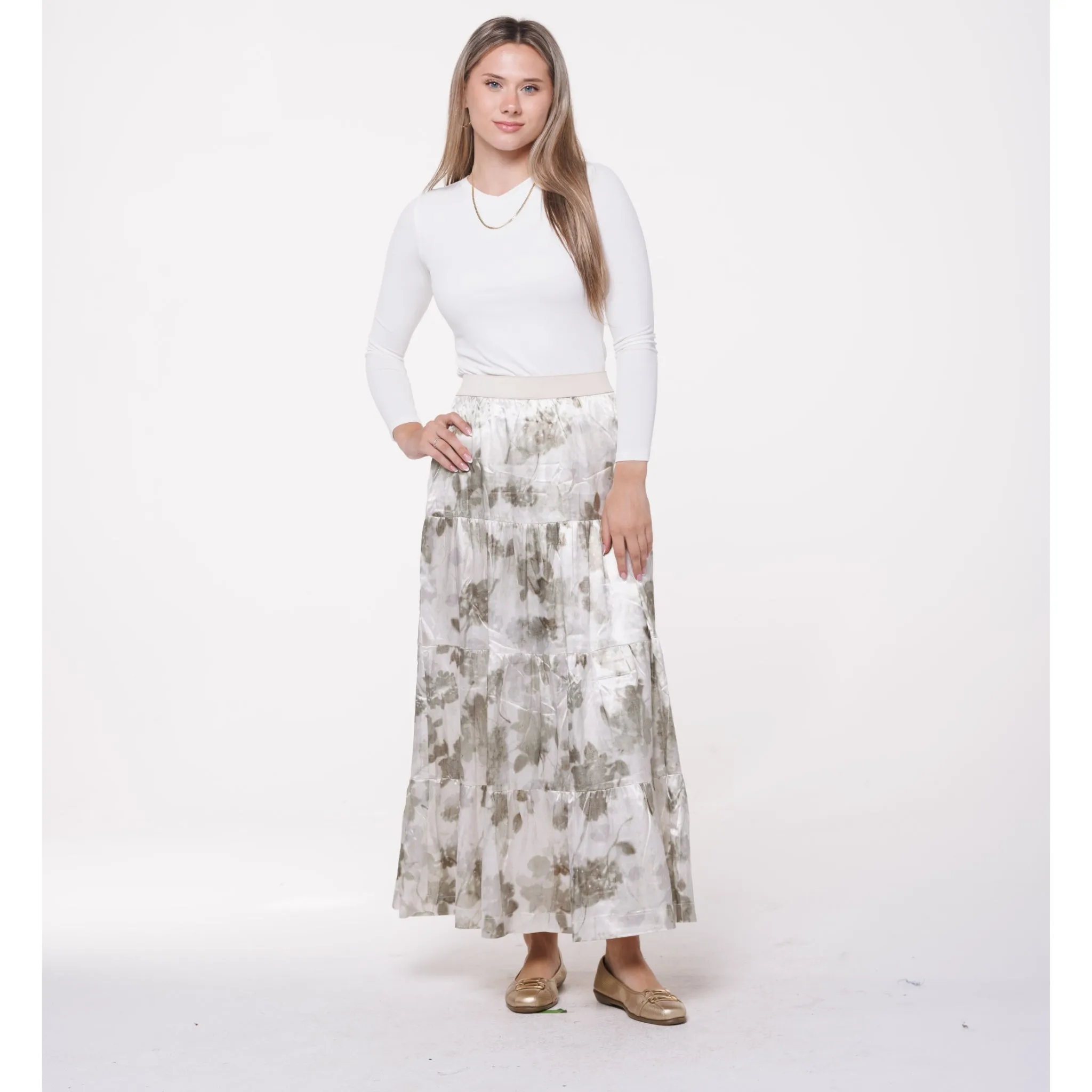 Satiny Sage Abstract Forrest Maxi Skirt by Ivee