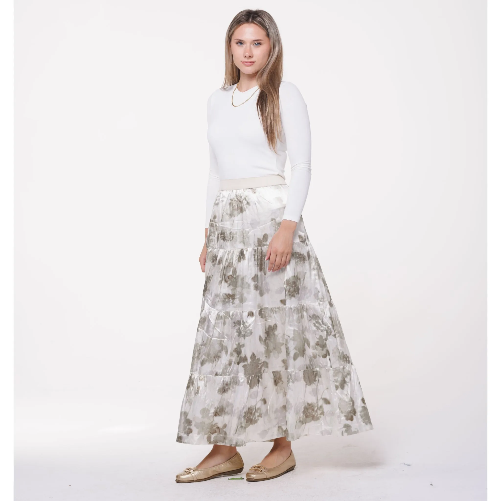 Satiny Sage Abstract Forrest Maxi Skirt by Ivee