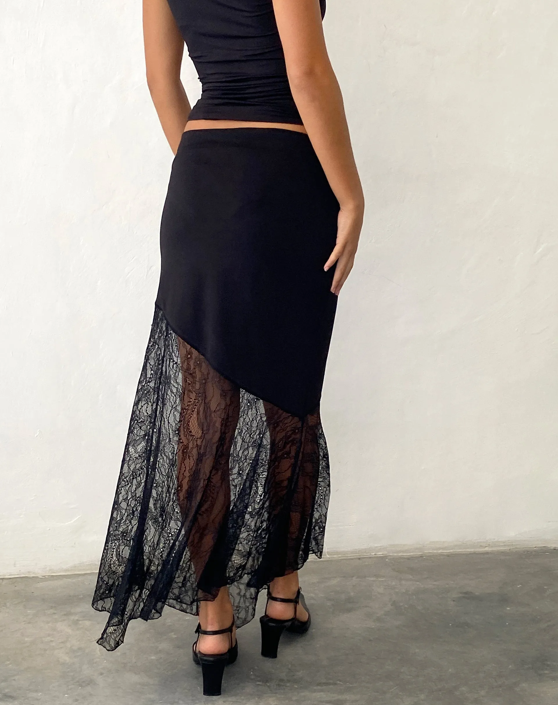 Seraphina Asymmetric Lace Hem Maxi Skirt in Black