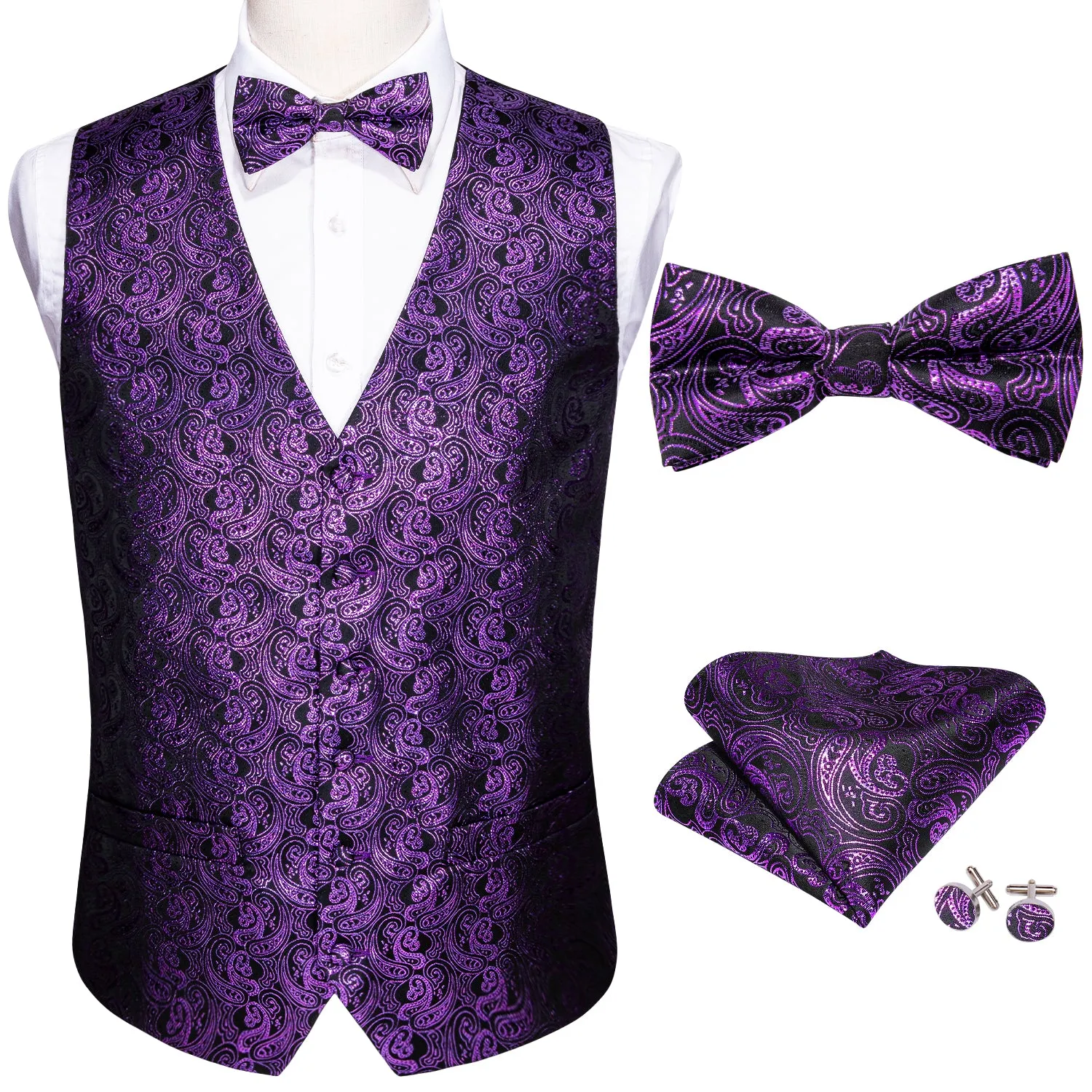 Shining Deep Purple Paisley Silk Men's Vest Bow Tie Handkerchief Cufflinks Set Waistcoat Suit Set