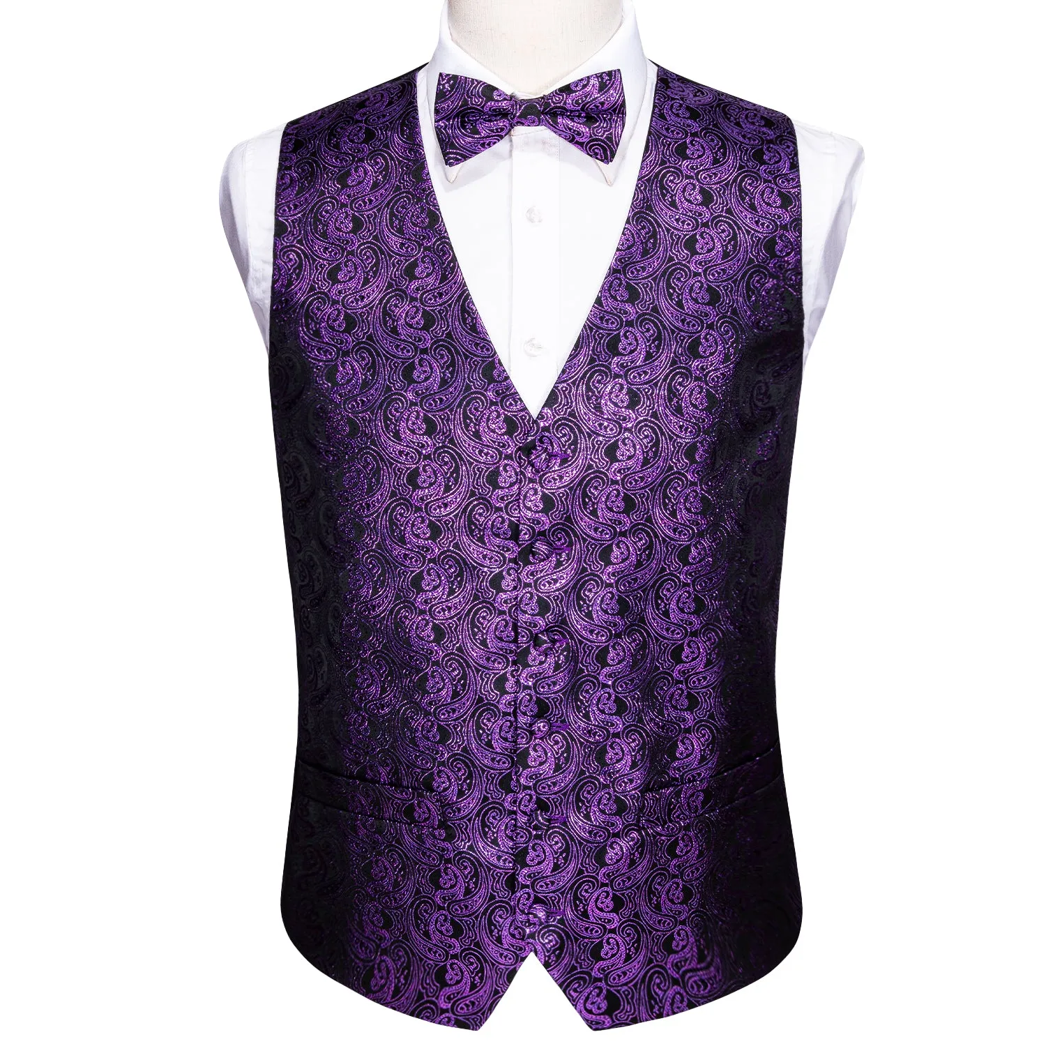 Shining Deep Purple Paisley Silk Men's Vest Bow Tie Handkerchief Cufflinks Set Waistcoat Suit Set