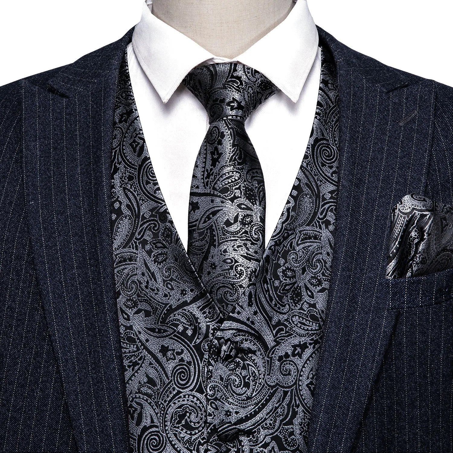 Silver Black Paisley Men's Vest Tie Hanky Cufflinks Set Waistcoat Suit Set