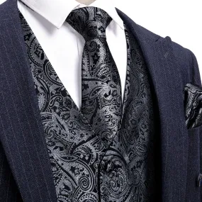 Silver Black Paisley Men's Vest Tie Hanky Cufflinks Set Waistcoat Suit Set