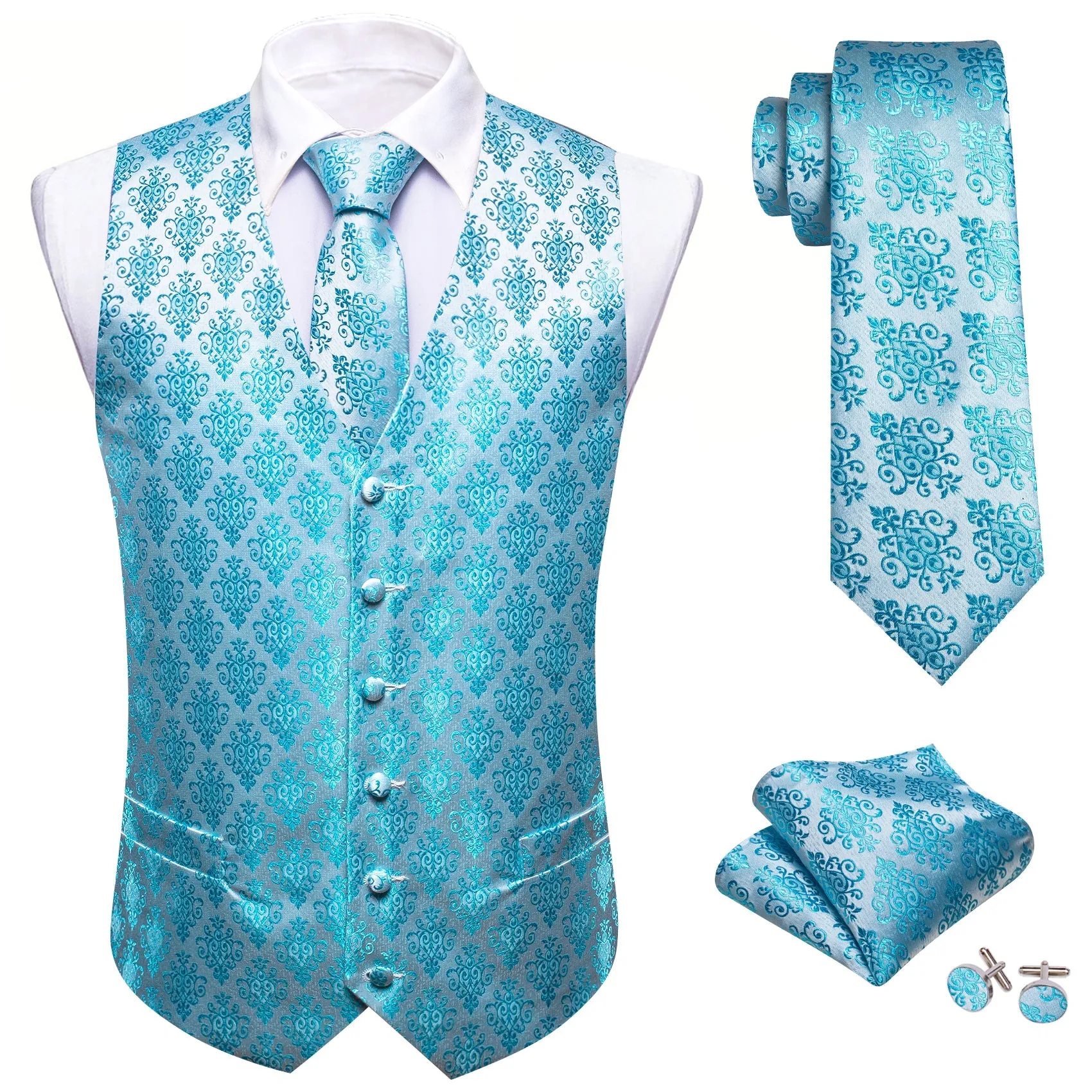 Sky Blue Jacquard Woven Classic Men's Vest Hanky Cufflinks Tie Set