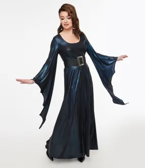 Smak Parlour Y2K Iridescent Dark Blue Bat Wing Sleeve Maxi Dress