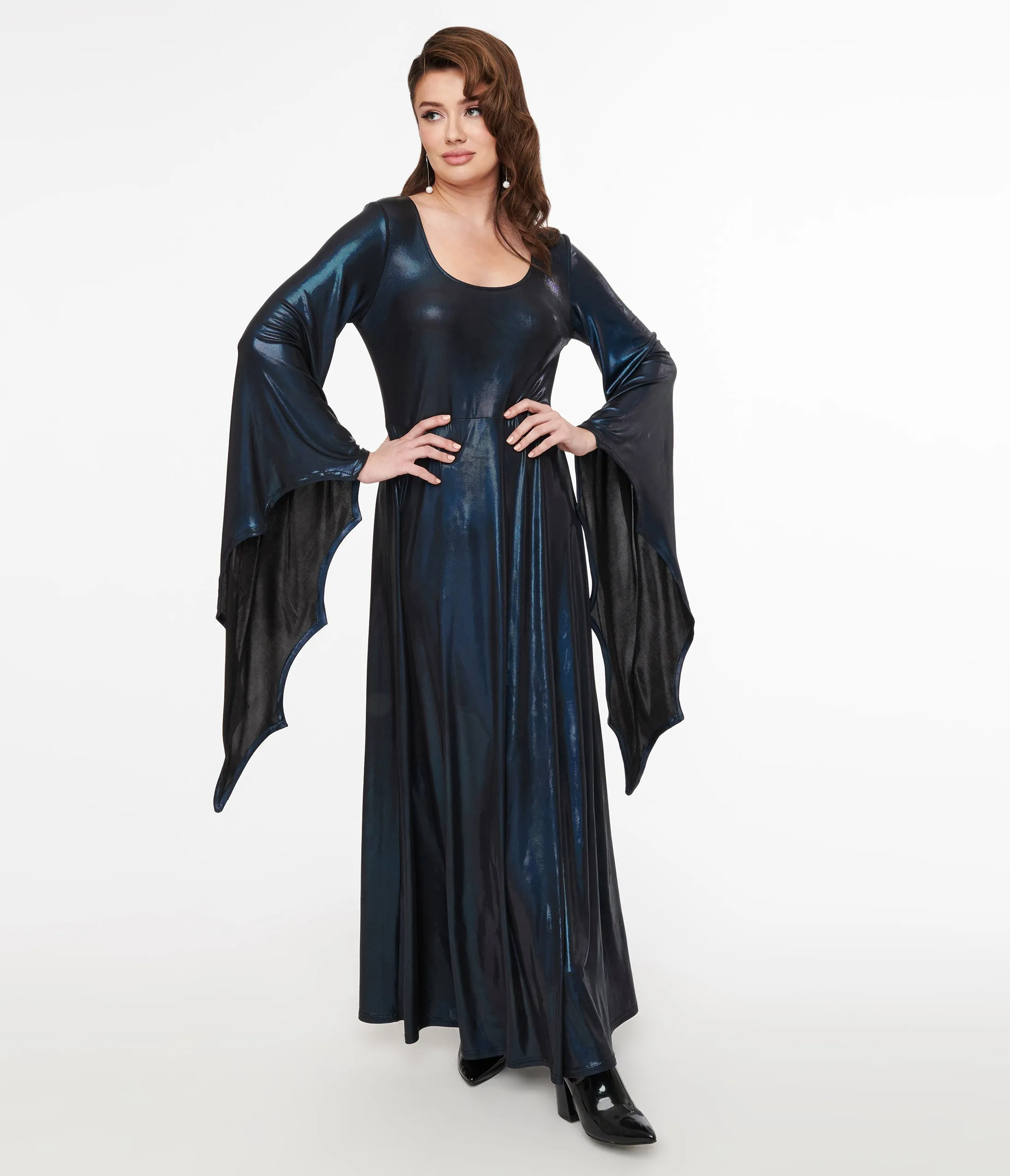 Smak Parlour Y2K Iridescent Dark Blue Bat Wing Sleeve Maxi Dress