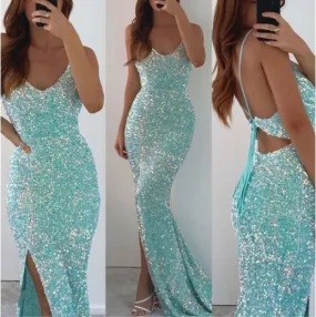 Sparkly Sequins Spaghetti Straps Mermaid Side Slit Dress With Train,Party Dress,Slit Dress      fg1388