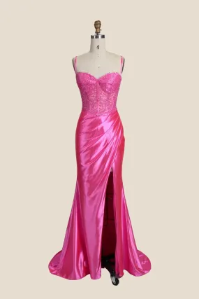 Straps Pink Appliques Ruched Long Dress with Slit