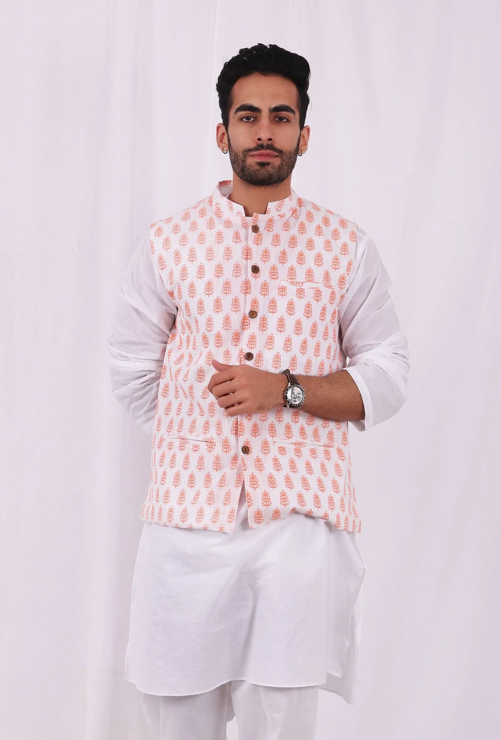 Tangerine Orange Hand Block Cotton Nehru Jacket