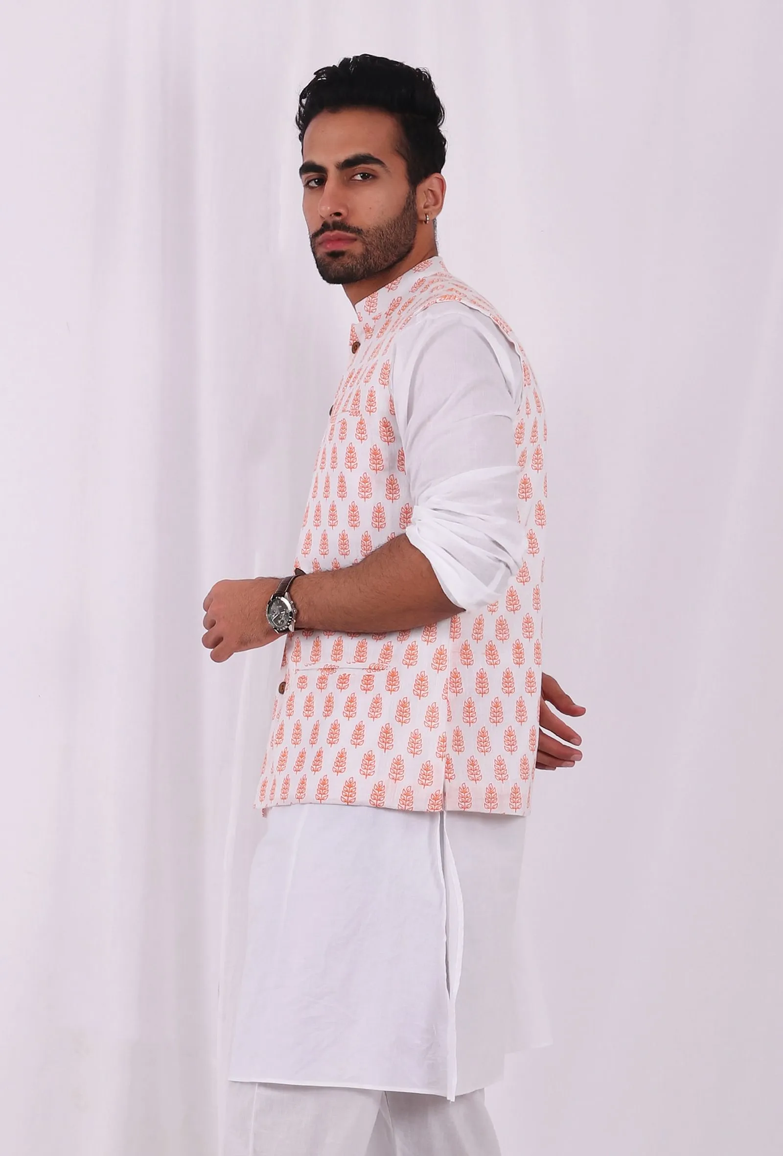 Tangerine Orange Hand Block Cotton Nehru Jacket