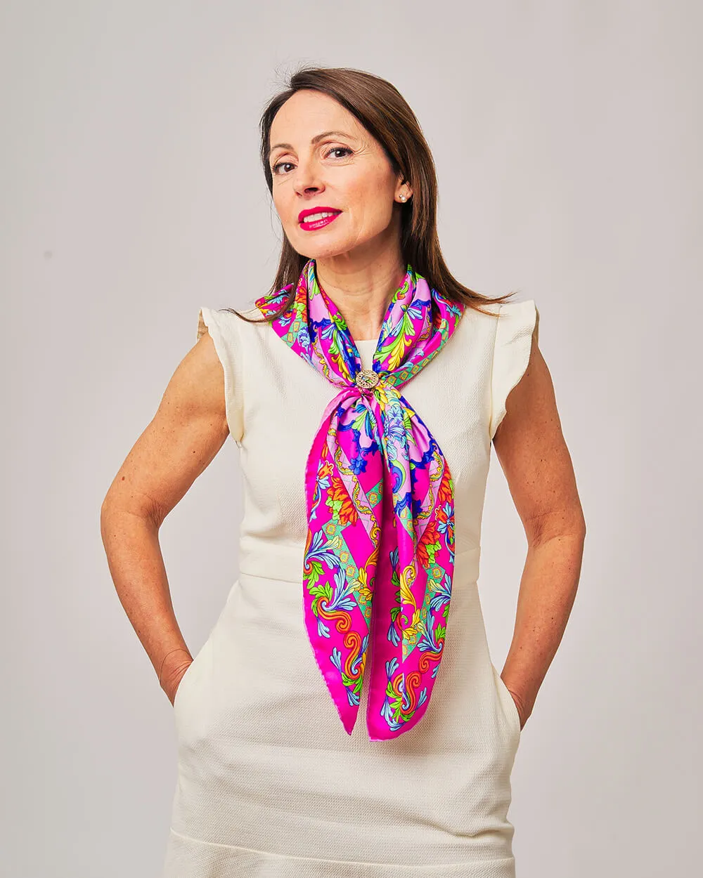 Taormina Art Fuchsia Silk Twill Scarf and Ring