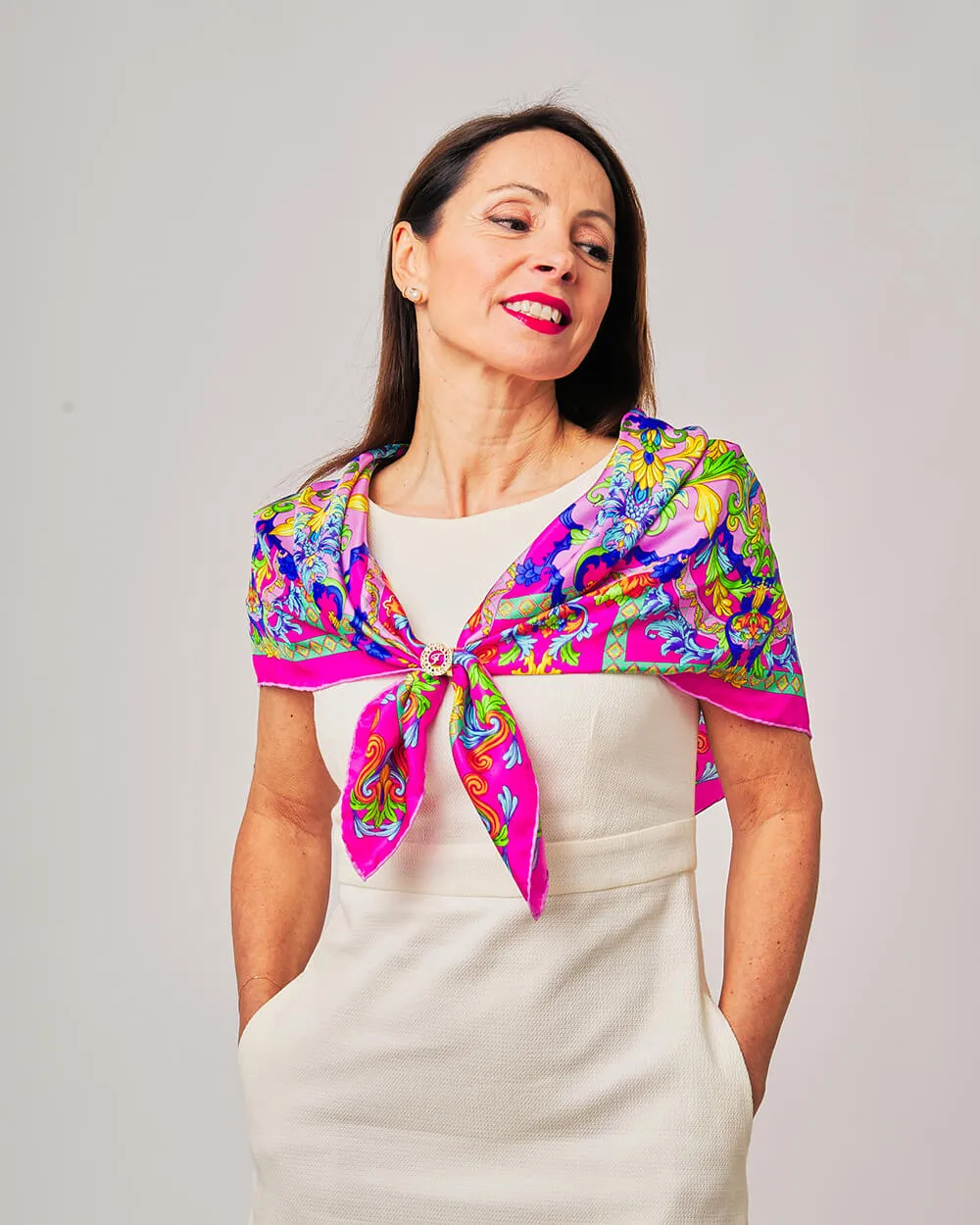 Taormina Art Fuchsia Silk Twill Scarf and Ring