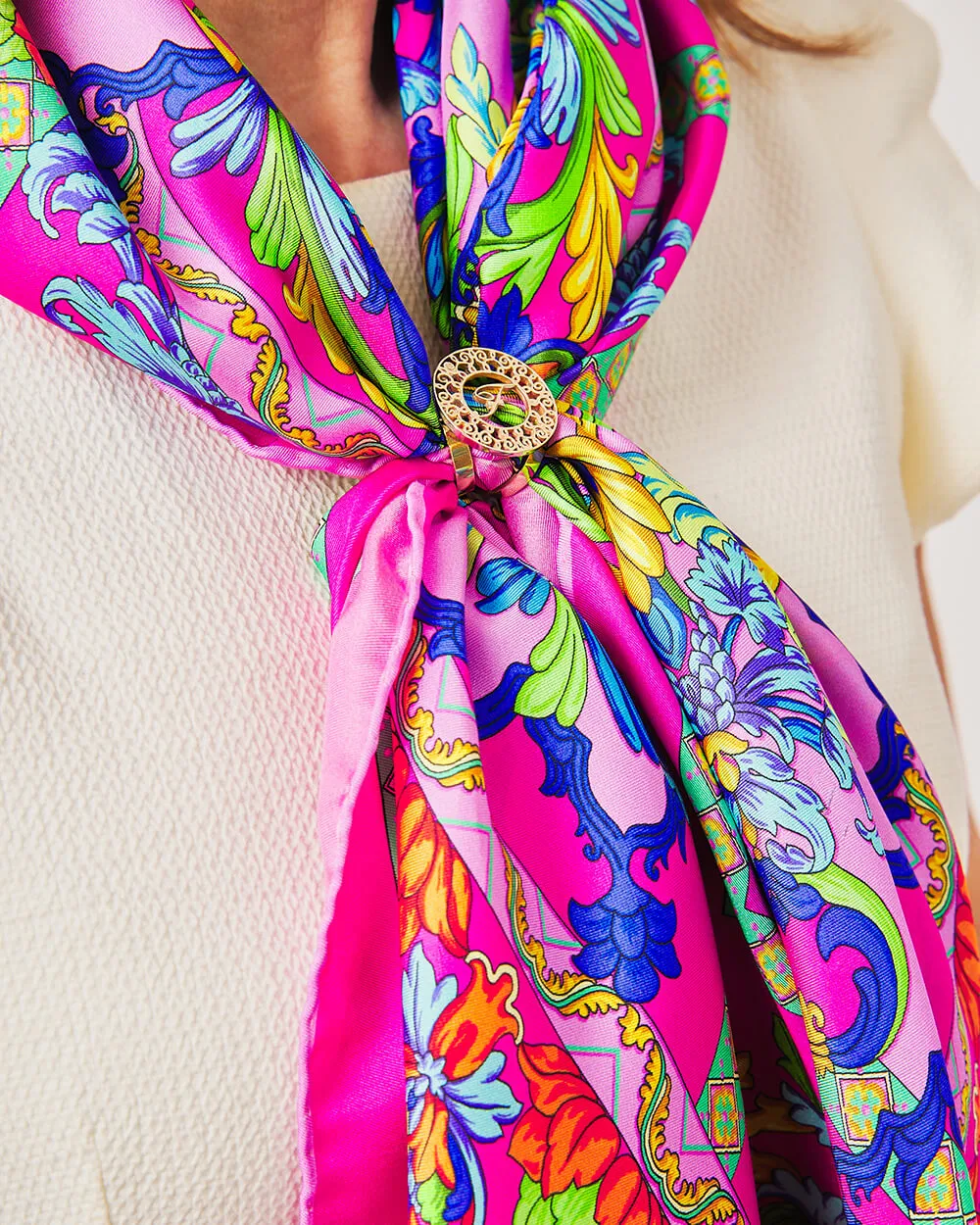 Taormina Art Fuchsia Silk Twill Scarf and Ring