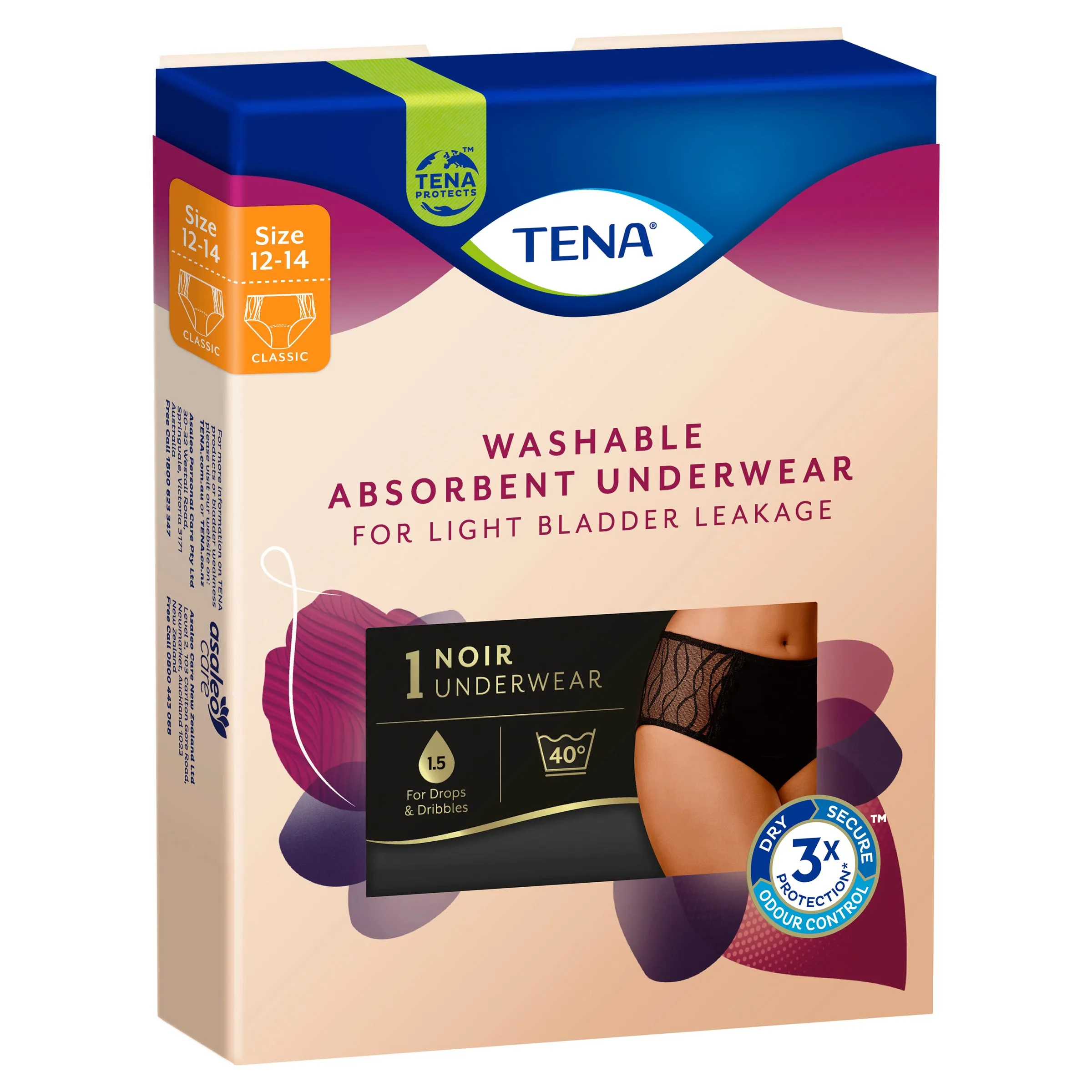 TENA Washable Absorbent Underwear, Classic, Noir, 12-14