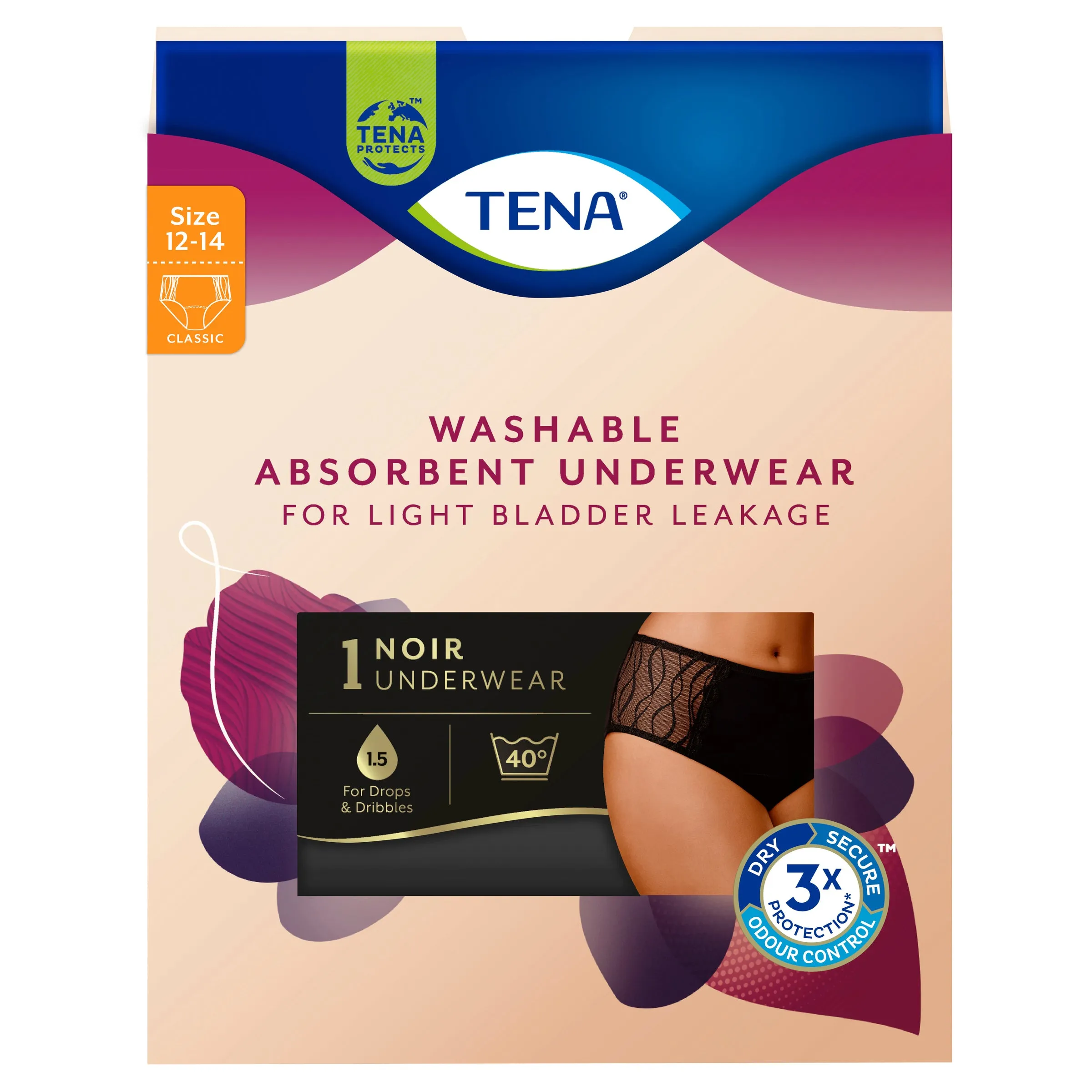 TENA Washable Absorbent Underwear, Classic, Noir, 12-14