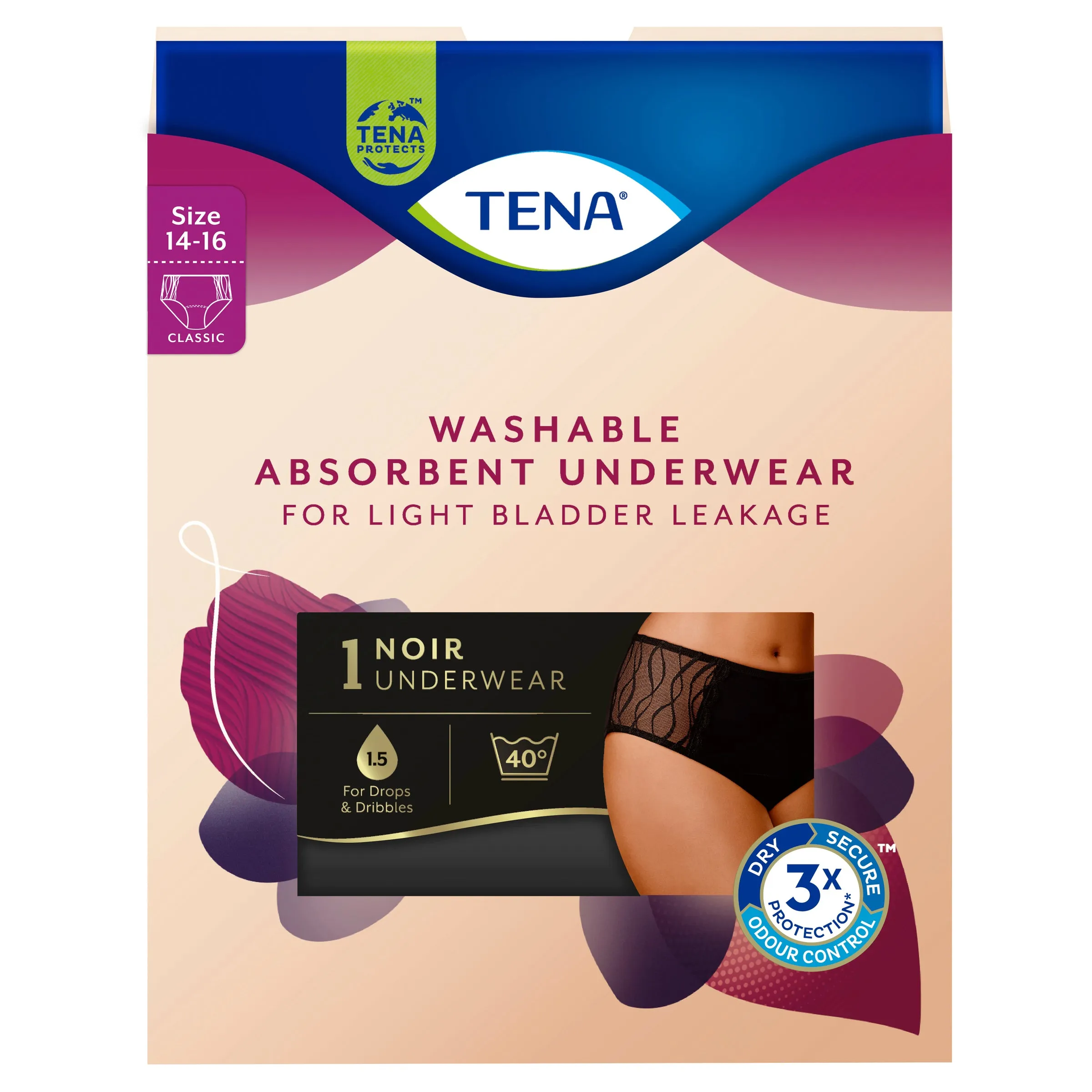 TENA Washable Absorbent Underwear, Classic, Noir, 14-16