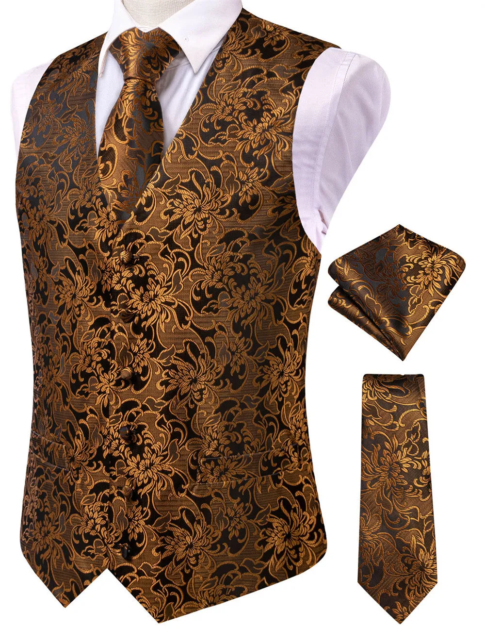 Ties2you Black Gold Floral Vest Necktie Set