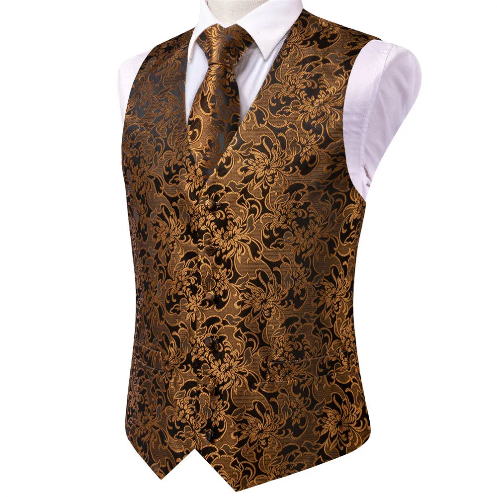 Ties2you Black Gold Floral Vest Necktie Set