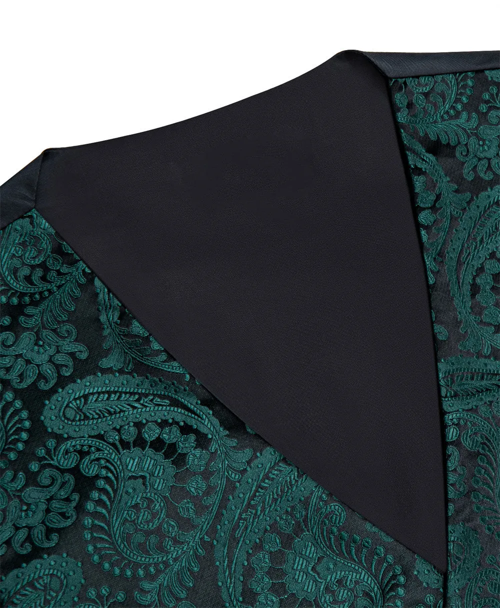 Ties2you Dark Green Paisley Jacquard Silk Men's Vest Hanky Cufflinks Tie Set