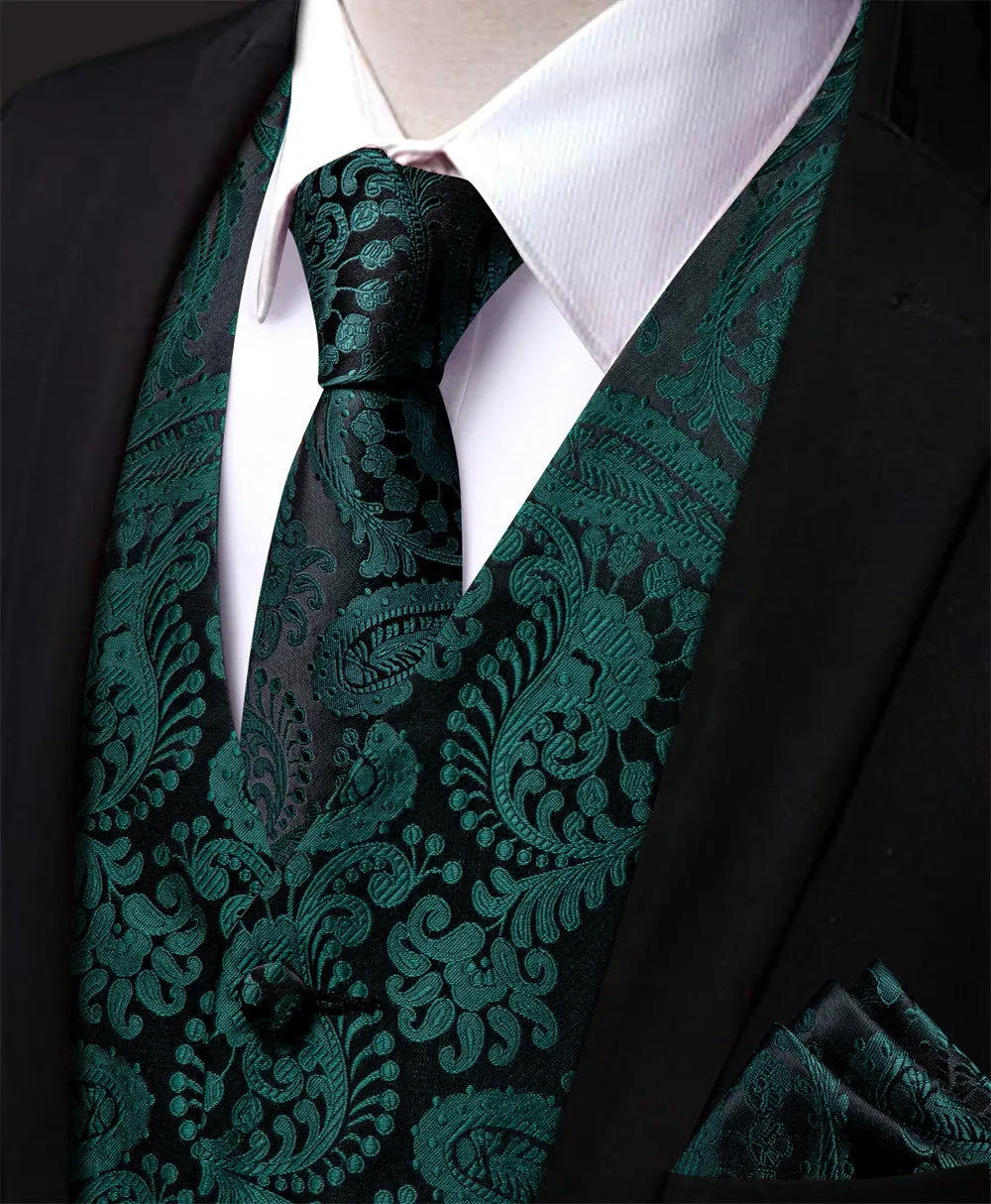 Ties2you Dark Green Paisley Jacquard Silk Men's Vest Hanky Cufflinks Tie Set