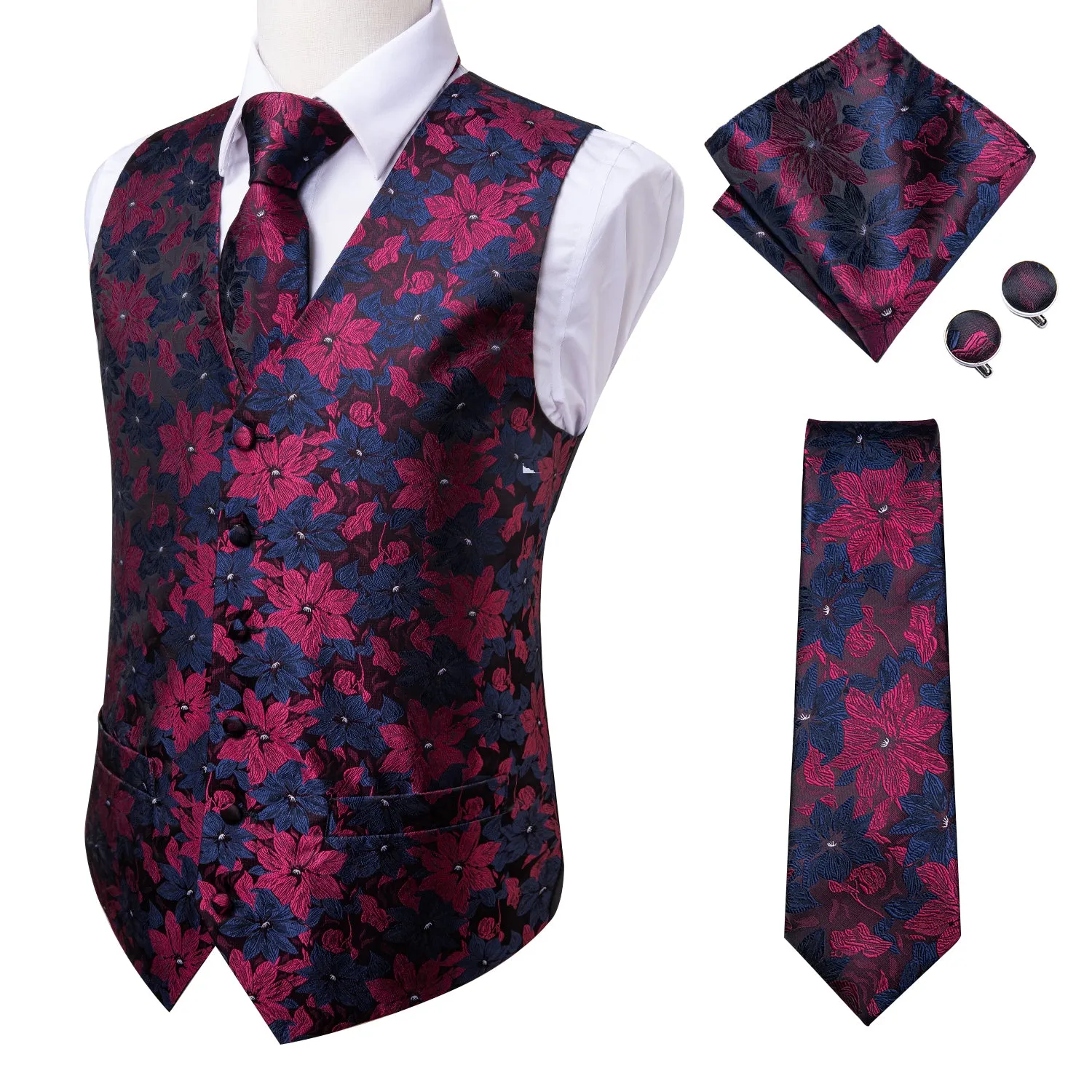 Ties2you Men's Suit Vest Burgundy Blue Floral Vest Tie Hanky Cufflinks Set Waistcoat Suit Set