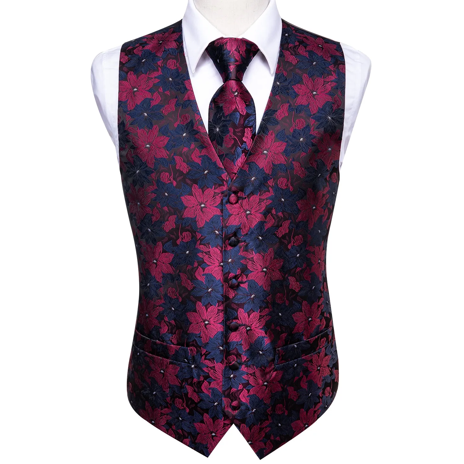 Ties2you Men's Suit Vest Burgundy Blue Floral Vest Tie Hanky Cufflinks Set Waistcoat Suit Set