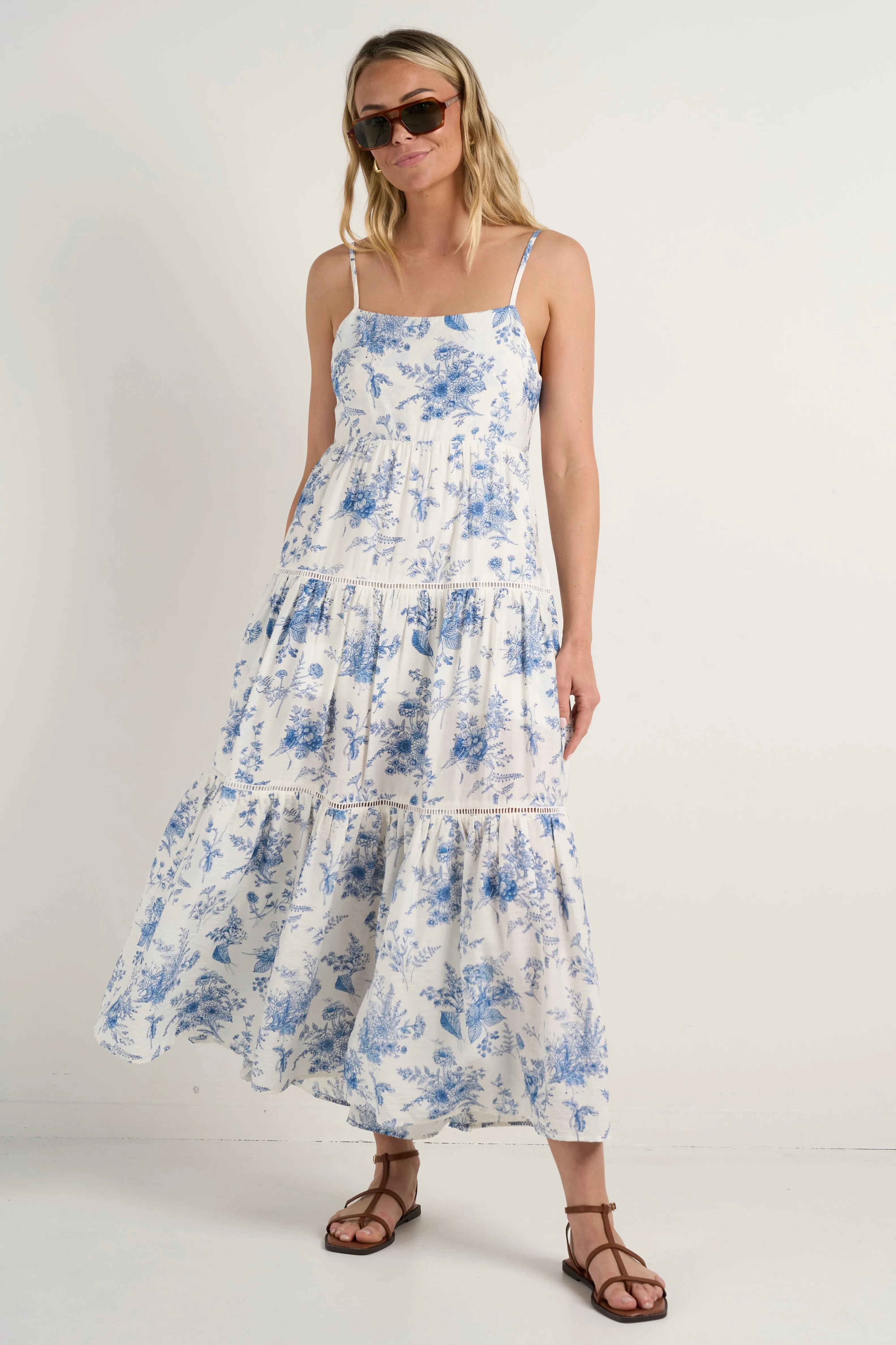 Universe Porcelain Print Tie Back Strappy Maxi Dress