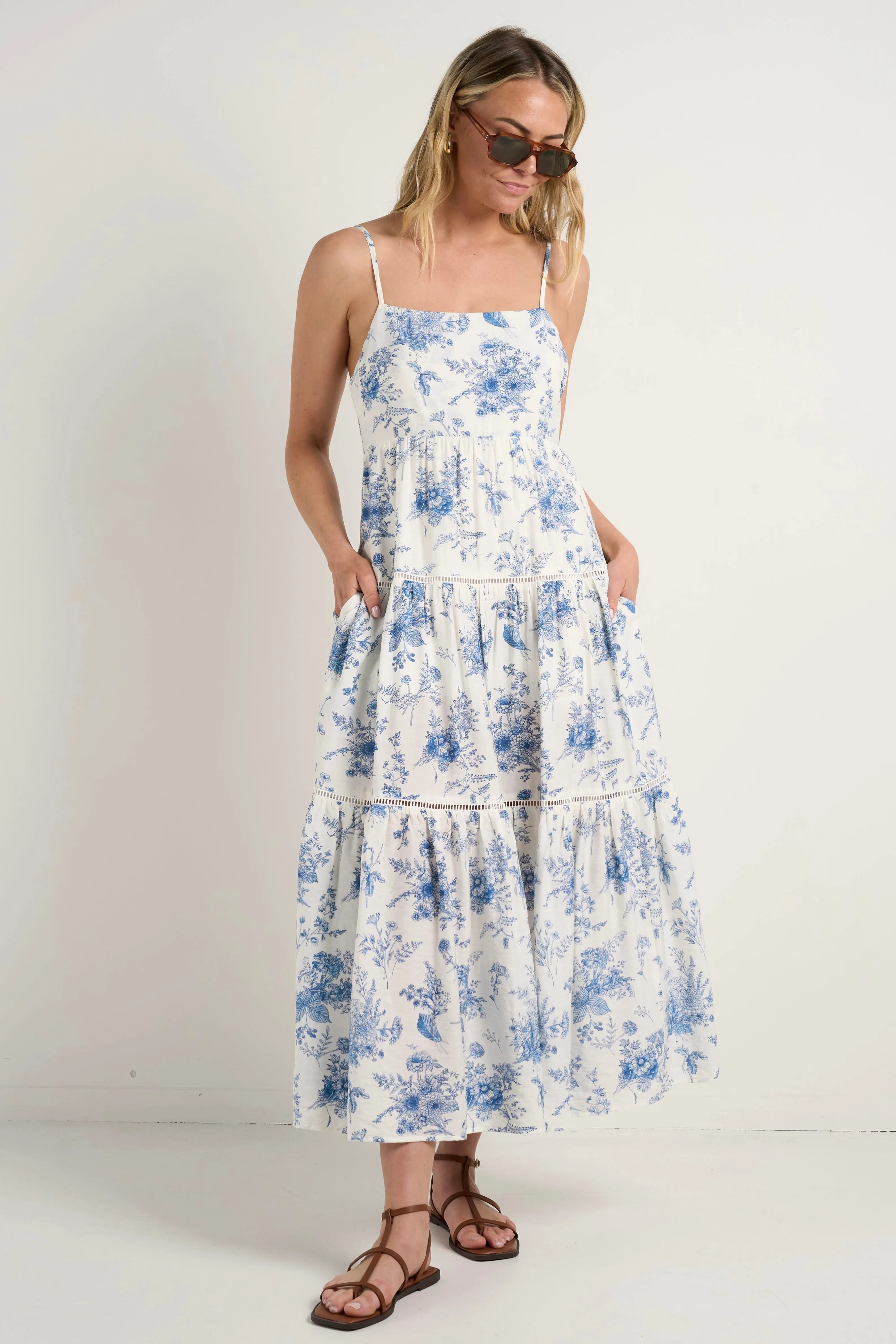 Universe Porcelain Print Tie Back Strappy Maxi Dress