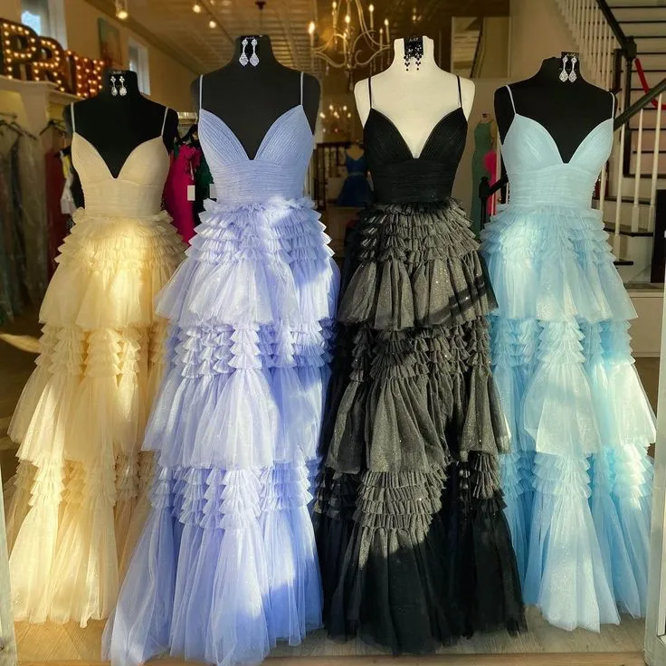 V Neck Layers Tulle Long Ball Gown,A Line Spaghetti Strap Evening Dresses    fg3211