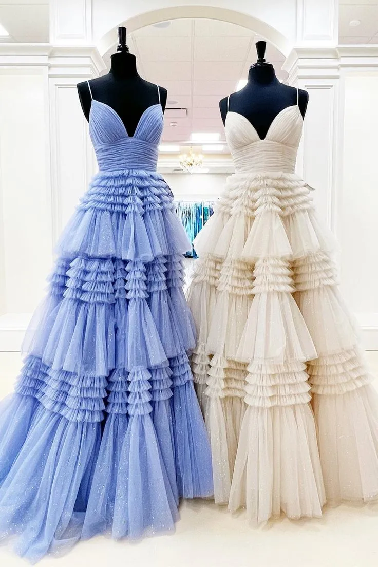 V Neck Layers Tulle Long Ball Gown,A Line Spaghetti Strap Evening Dresses    fg3211