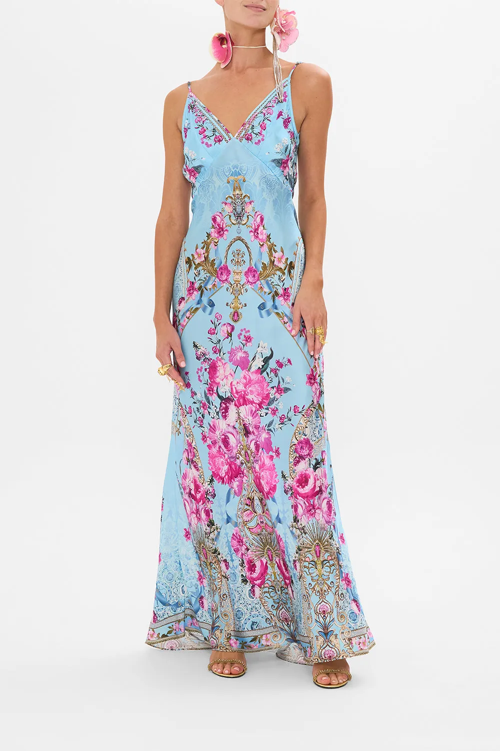 V NECK LONG BIAS SLIP DRESS WITH TRAIN DOWN THE GARDEN PATH