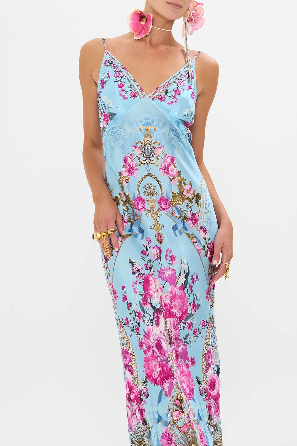 V NECK LONG BIAS SLIP DRESS WITH TRAIN DOWN THE GARDEN PATH