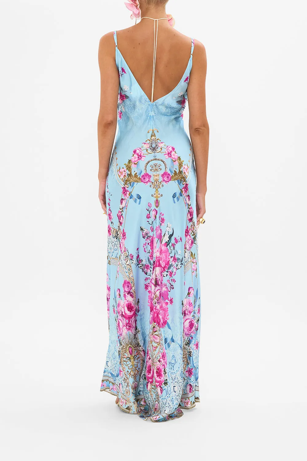 V NECK LONG BIAS SLIP DRESS WITH TRAIN DOWN THE GARDEN PATH