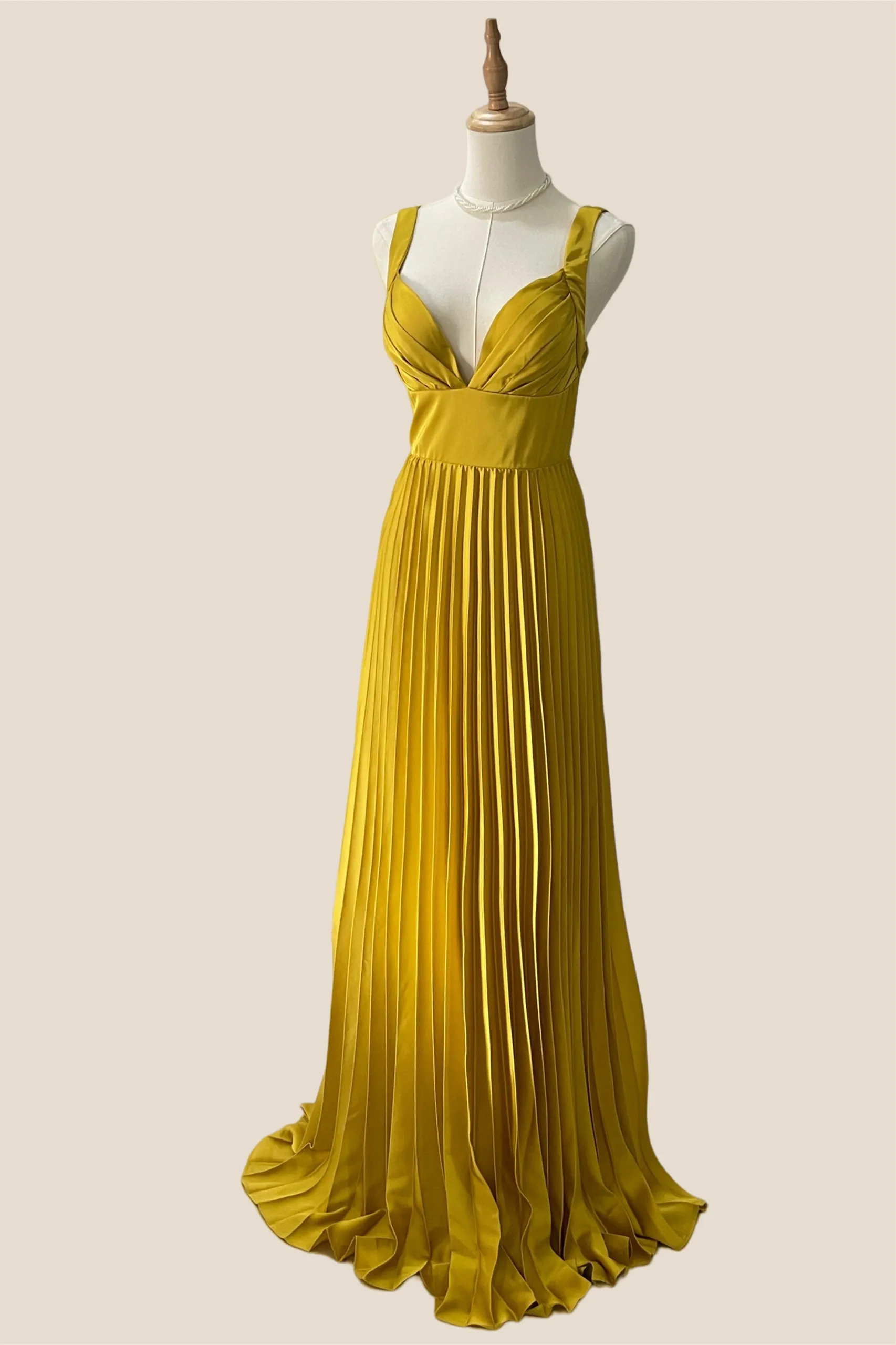 V-neck Olive Green Pleated Long Chiffon Dress