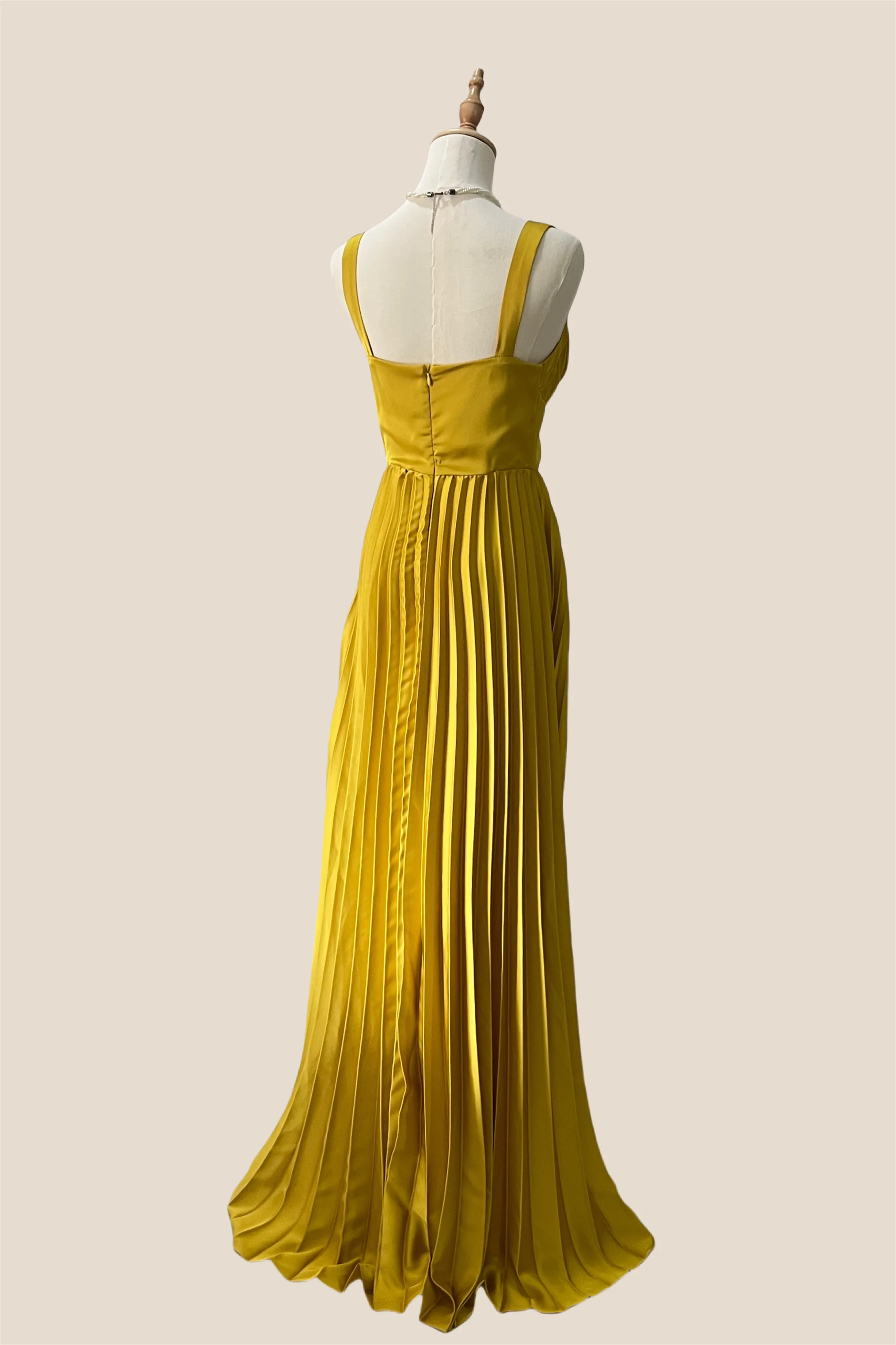 V-neck Olive Green Pleated Long Chiffon Dress