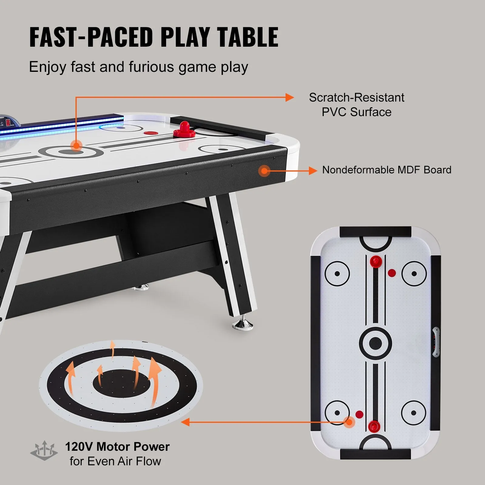 Vevor Hockey Table 72" Air-Powered Indoor LED Game with Electronic Scoreboard 2 Pucks and 2 Pushers New