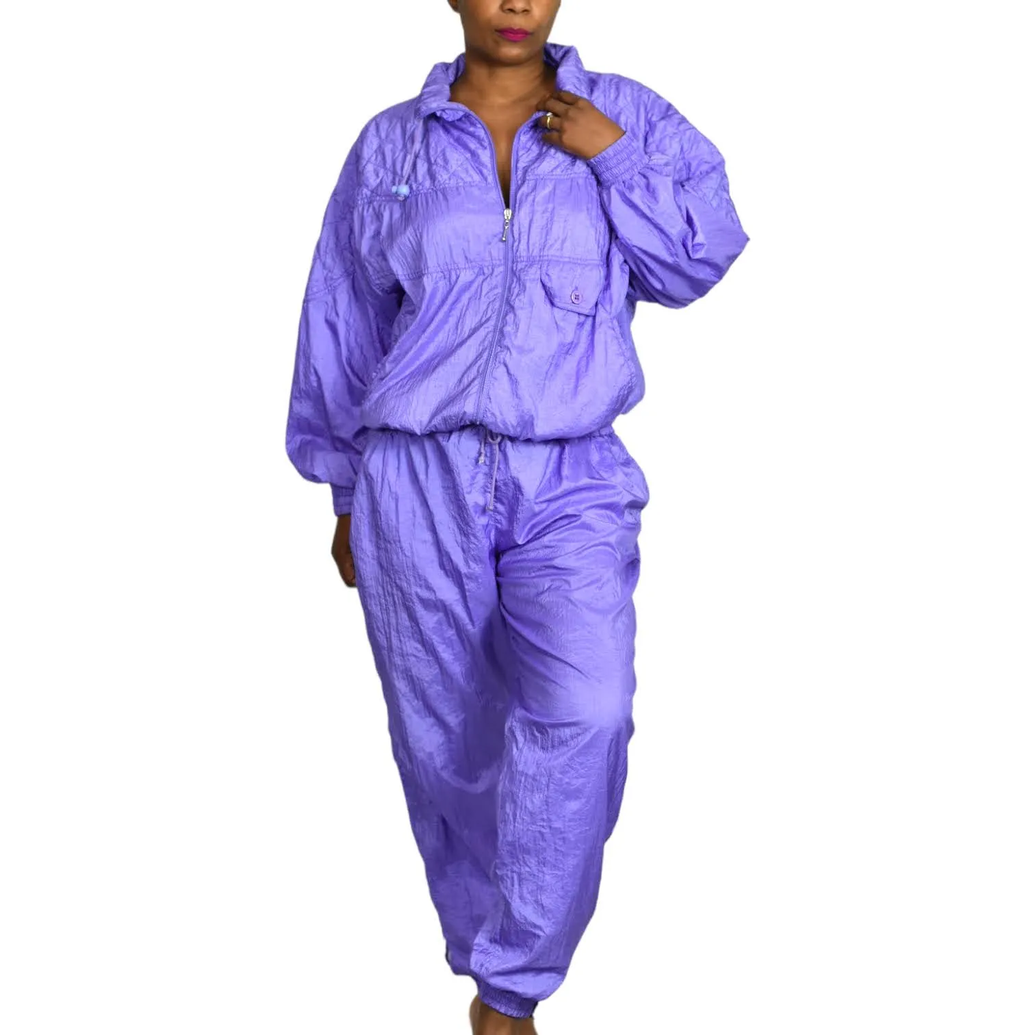 Vintage Nylon Track Suit CoOrd Pastel Purple Lilac Jacket Pant Jogger Set Large