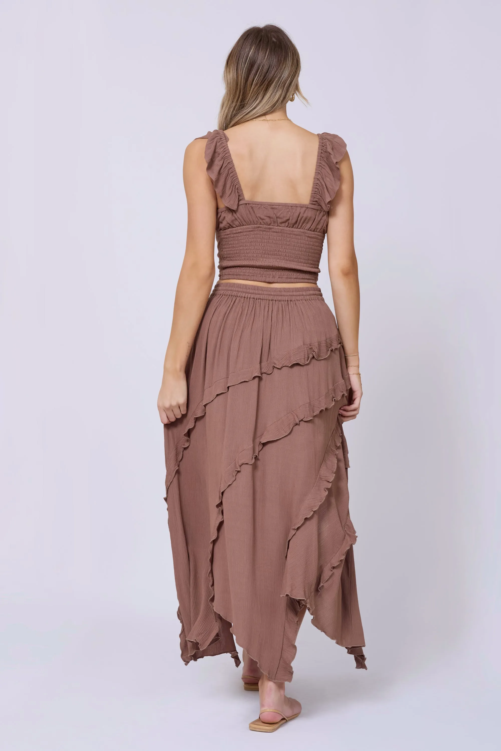 Washed Mocha Rayon Crinkle Ruffle Maxi Skirt