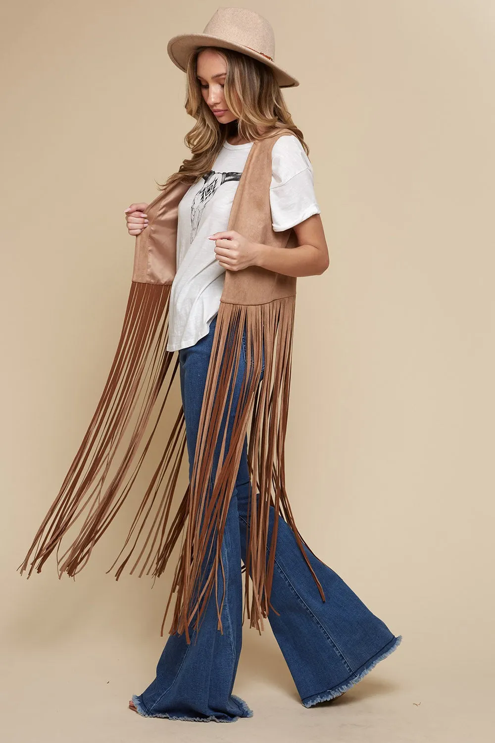 Western Long Open Fringe Suede Vest