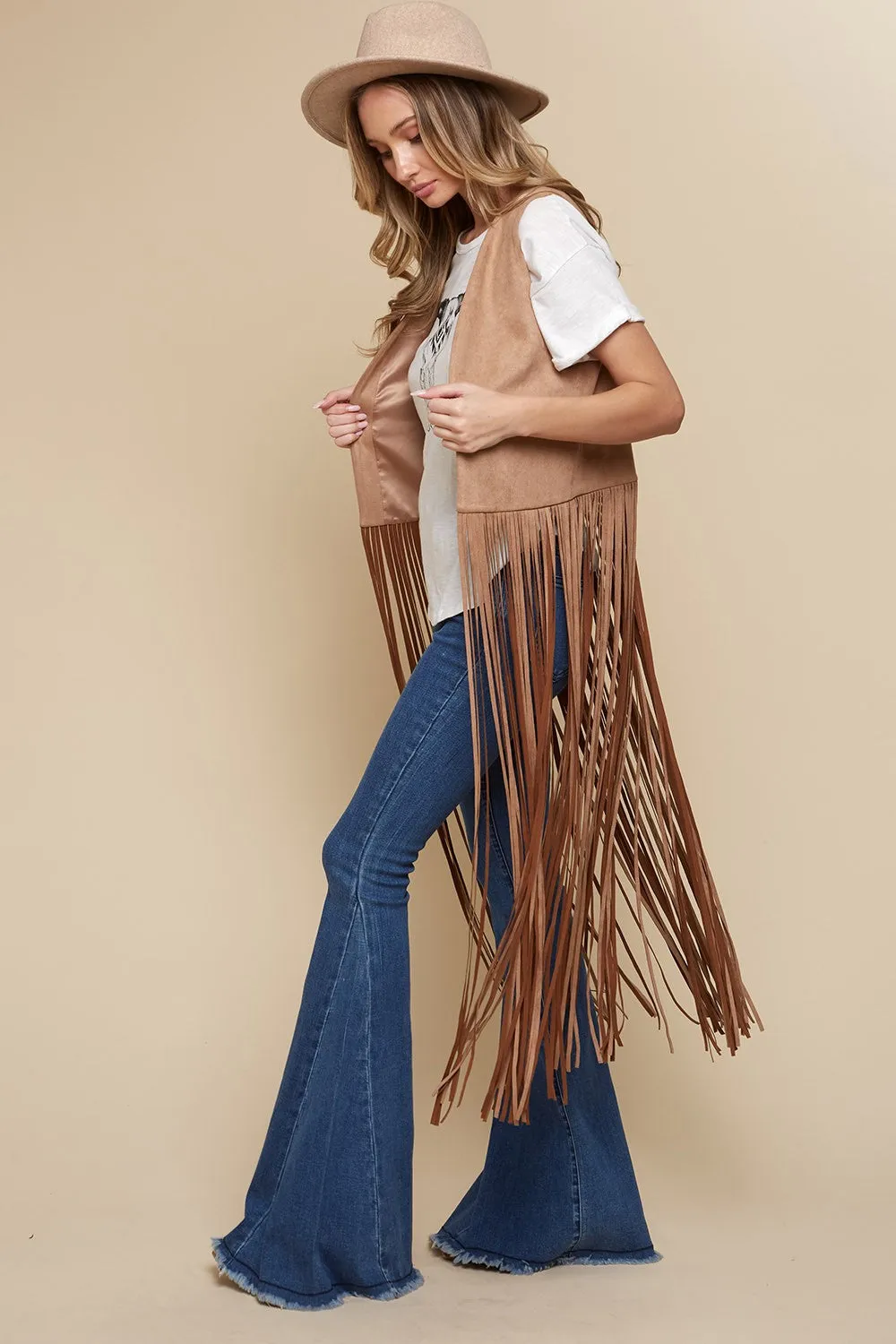 Western Long Open Fringe Suede Vest