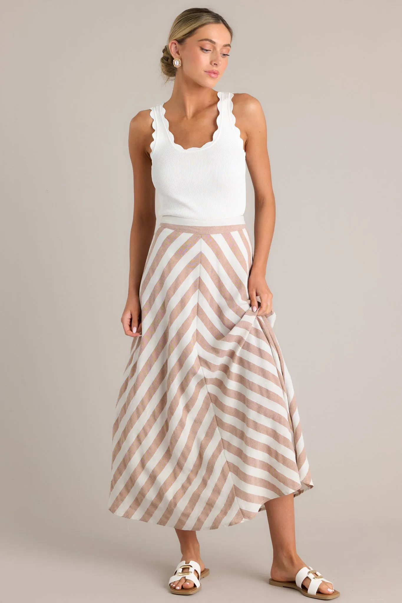 What To Say Light Brown & White Striped Maxi Skirt