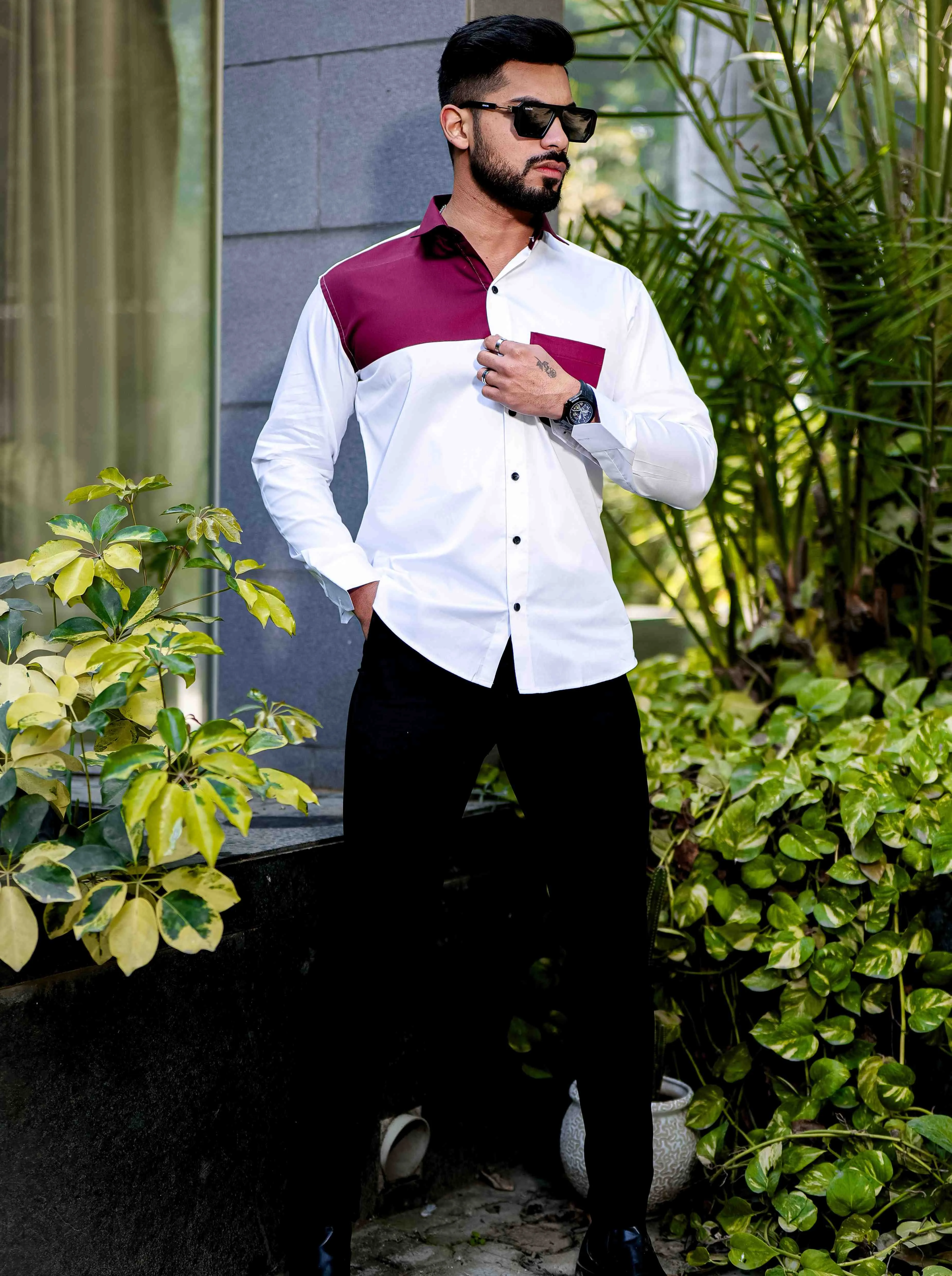 White and Maroon Cut n sew Satin Cotton Designer Shirt