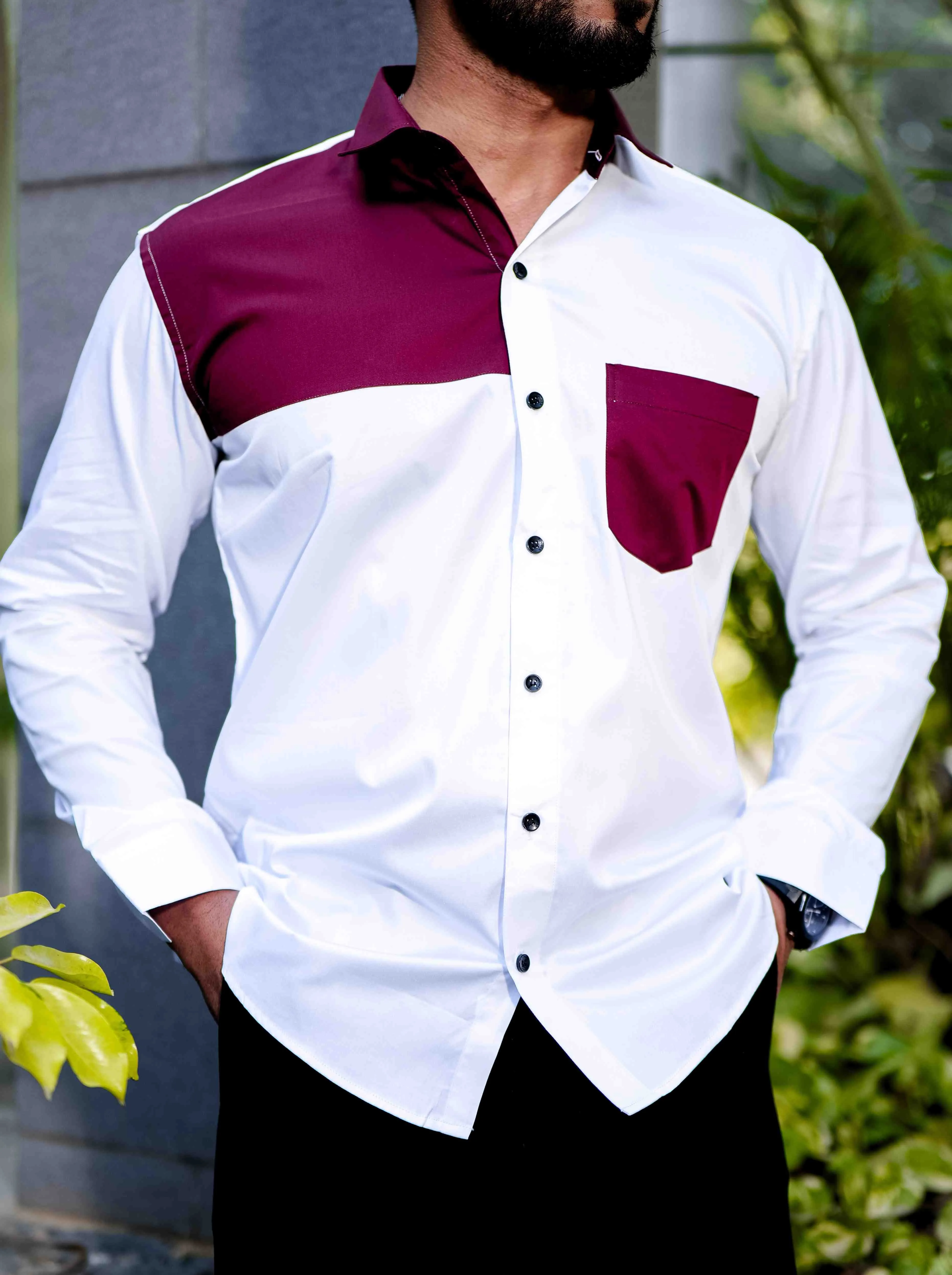 White and Maroon Cut n sew Satin Cotton Designer Shirt