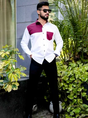 White and Maroon Cut n sew Satin Cotton Designer Shirt