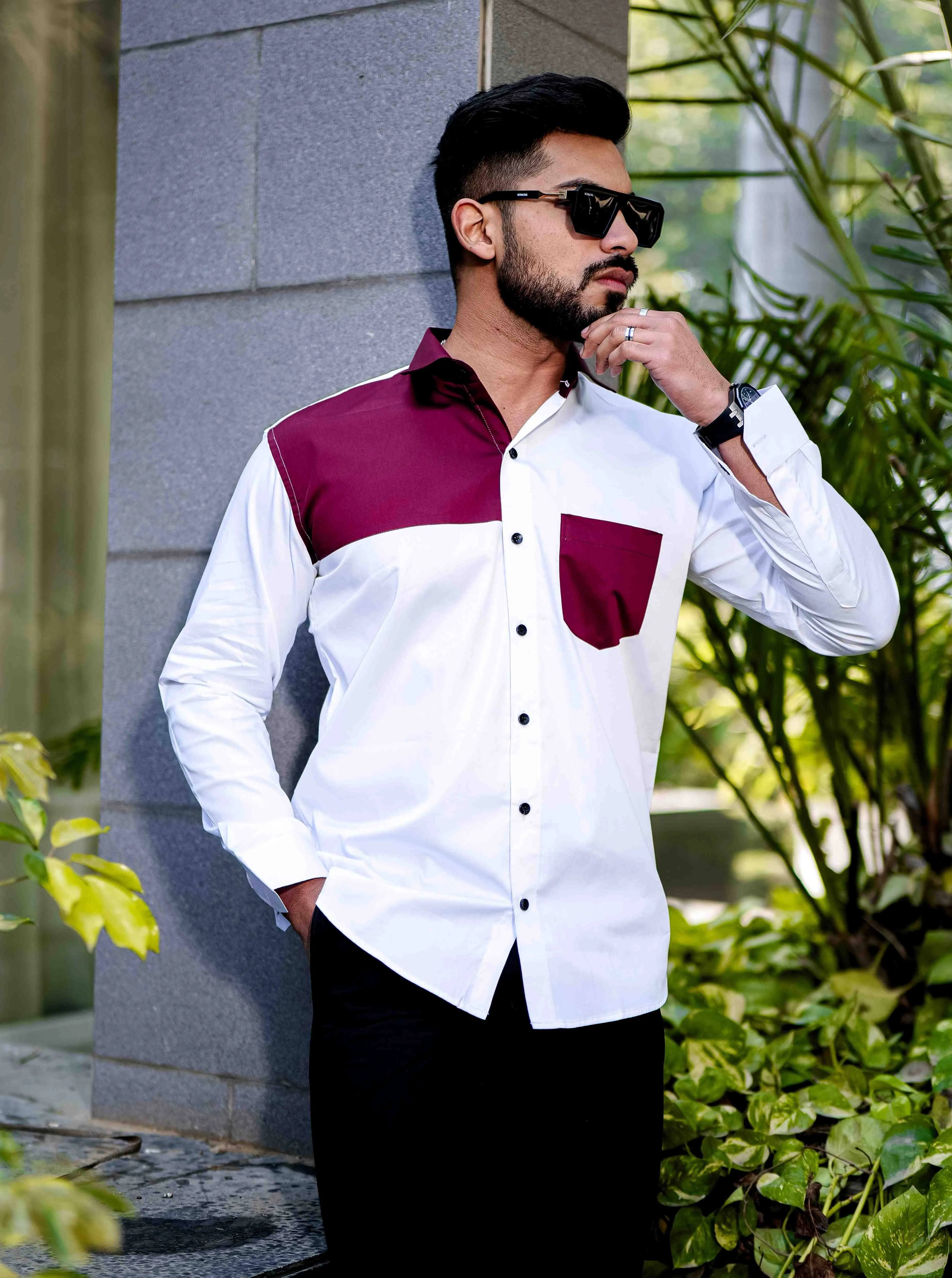 White and Maroon Cut n sew Satin Cotton Designer Shirt