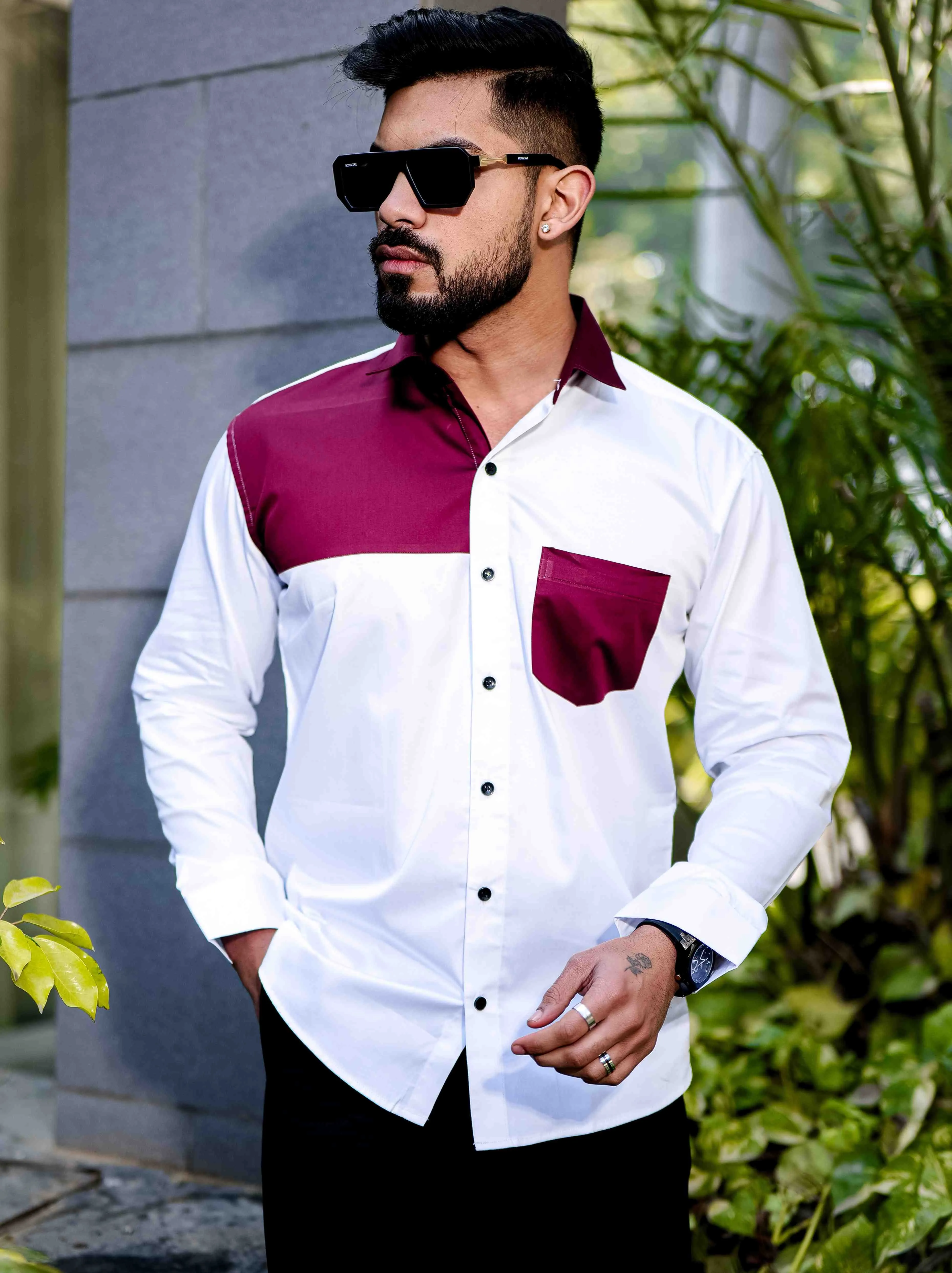 White and Maroon Cut n sew Satin Cotton Designer Shirt