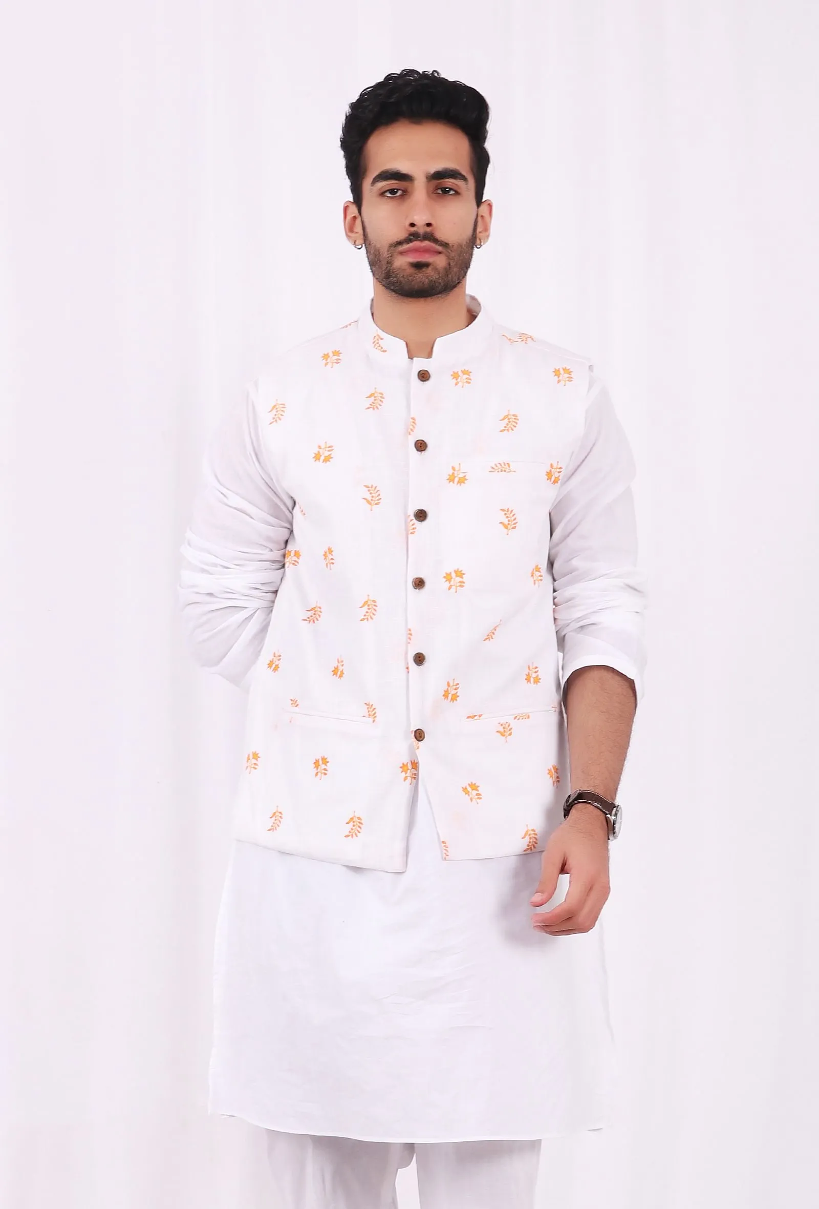 White and Orange Floral Hand Block Nehru Jacket